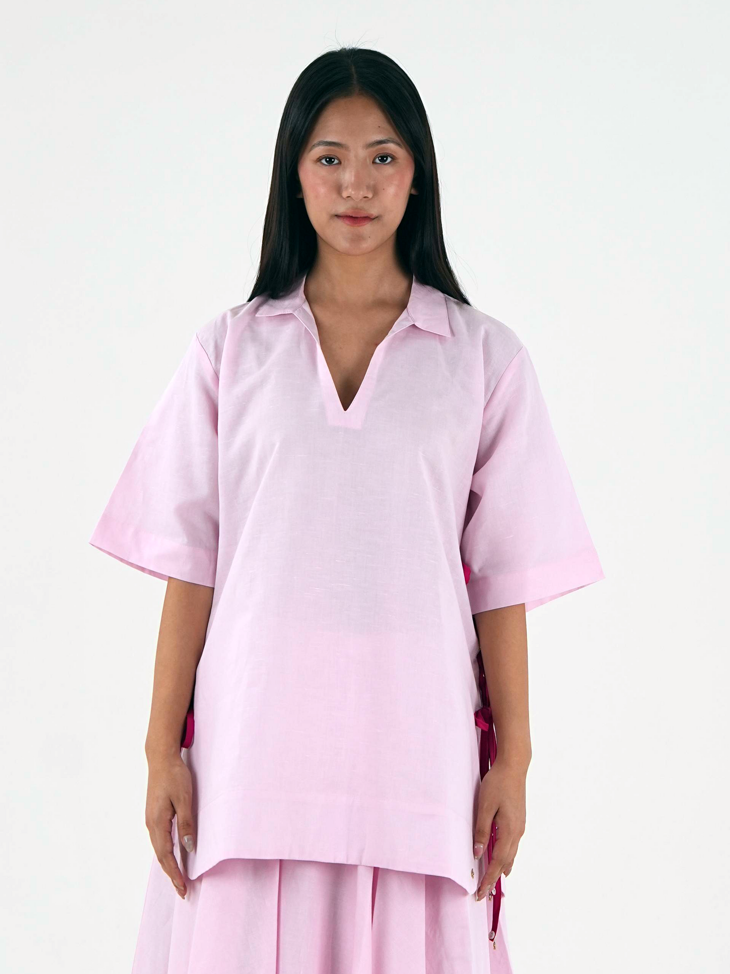 V Neck Set - Pastel Pink Linen