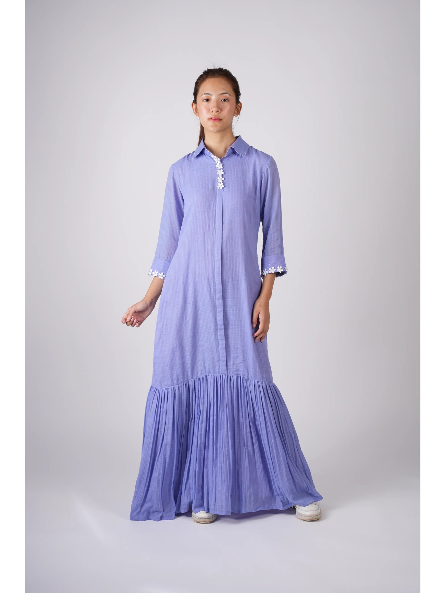 Embroidered Lavender Maxi Dress with Scrunchies