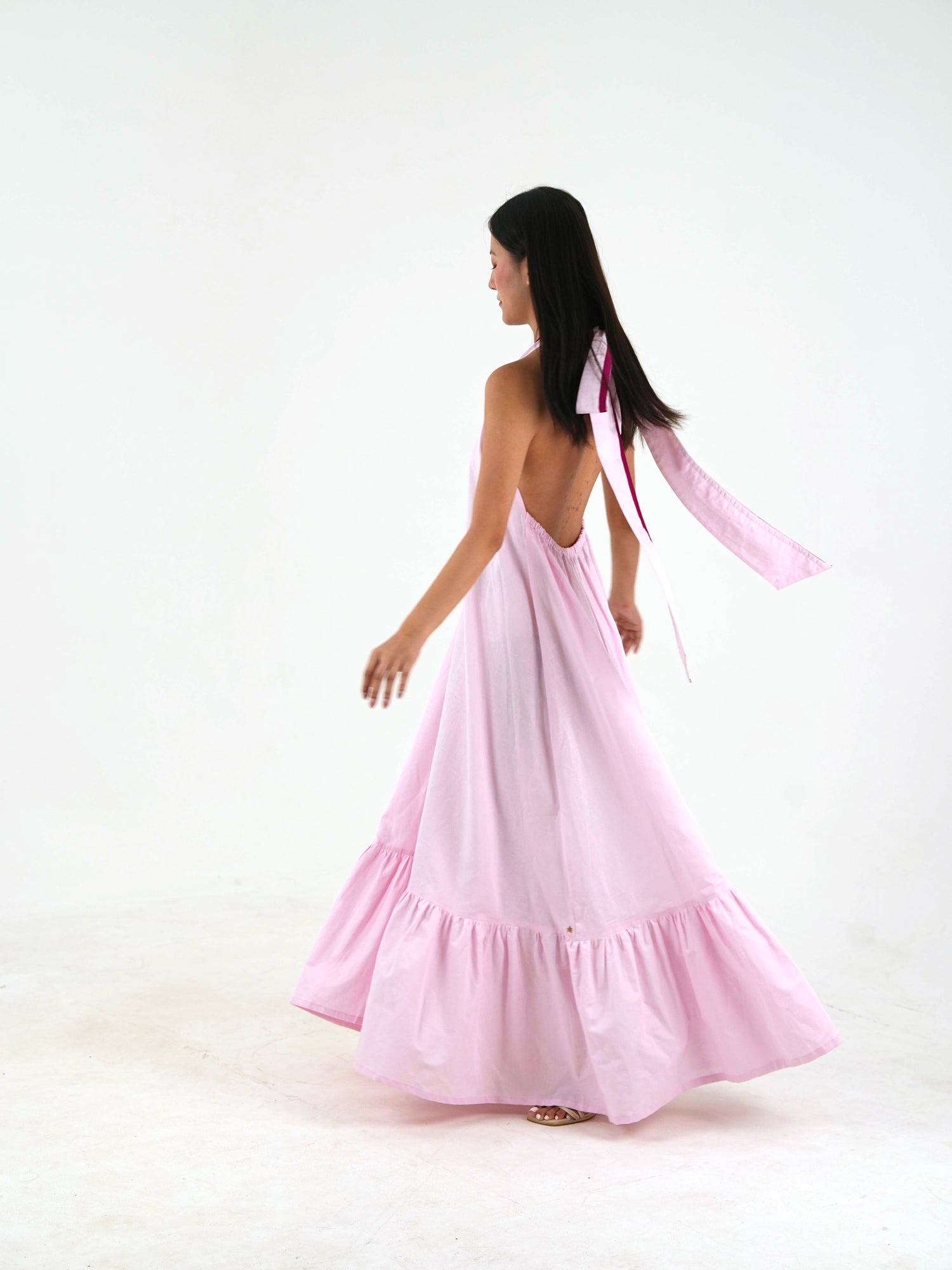 Sleeveless Halter Dress - Pastel Pink Linen