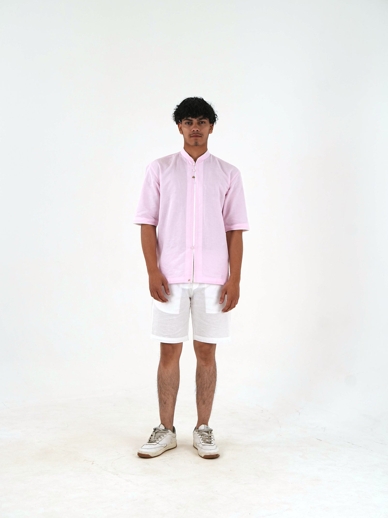 Half-Sleeve Short Kurta with Mandarin Collar - Blush Pink