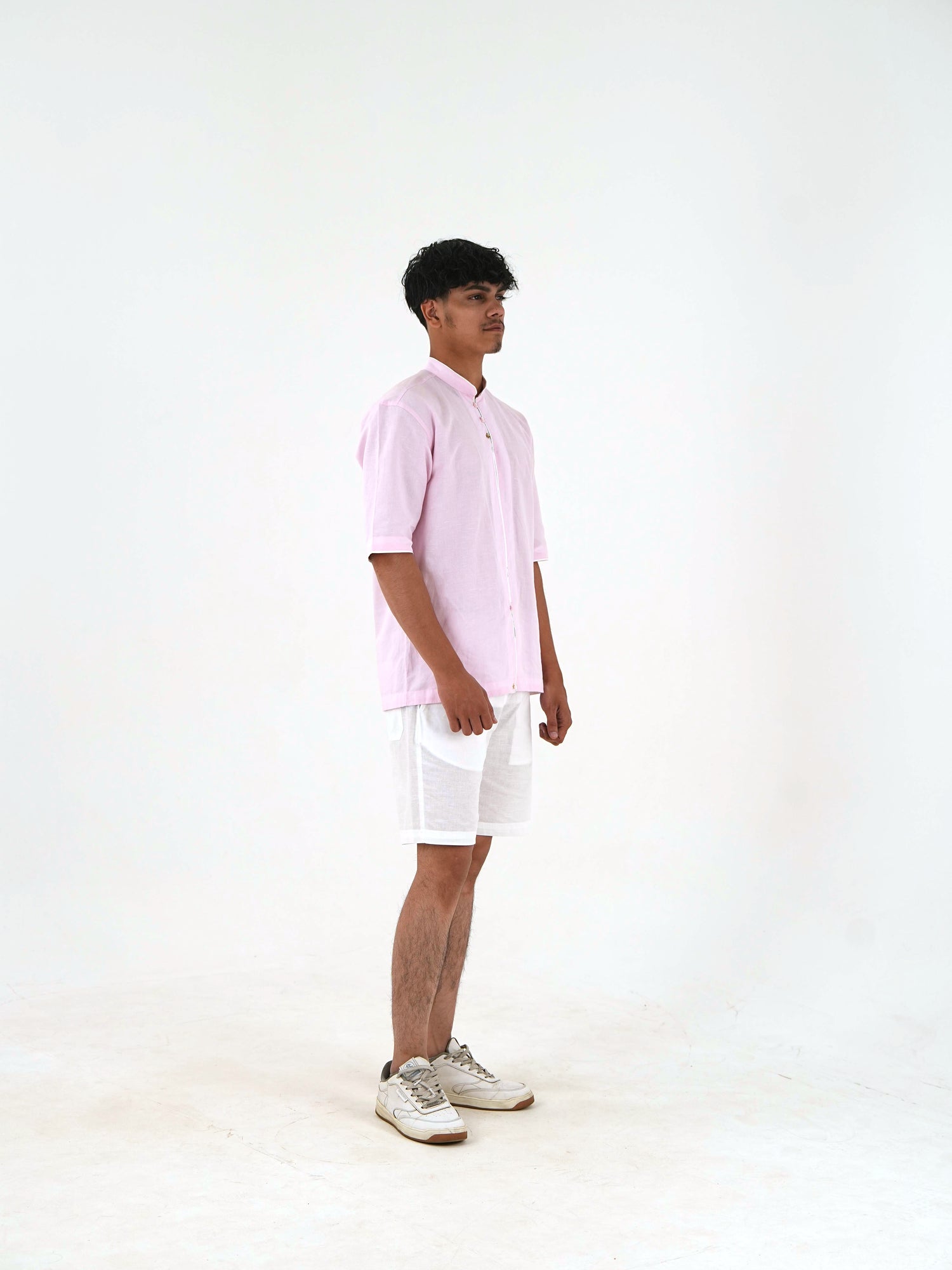 Half-Sleeve Short Kurta with Mandarin Collar - Blush Pink