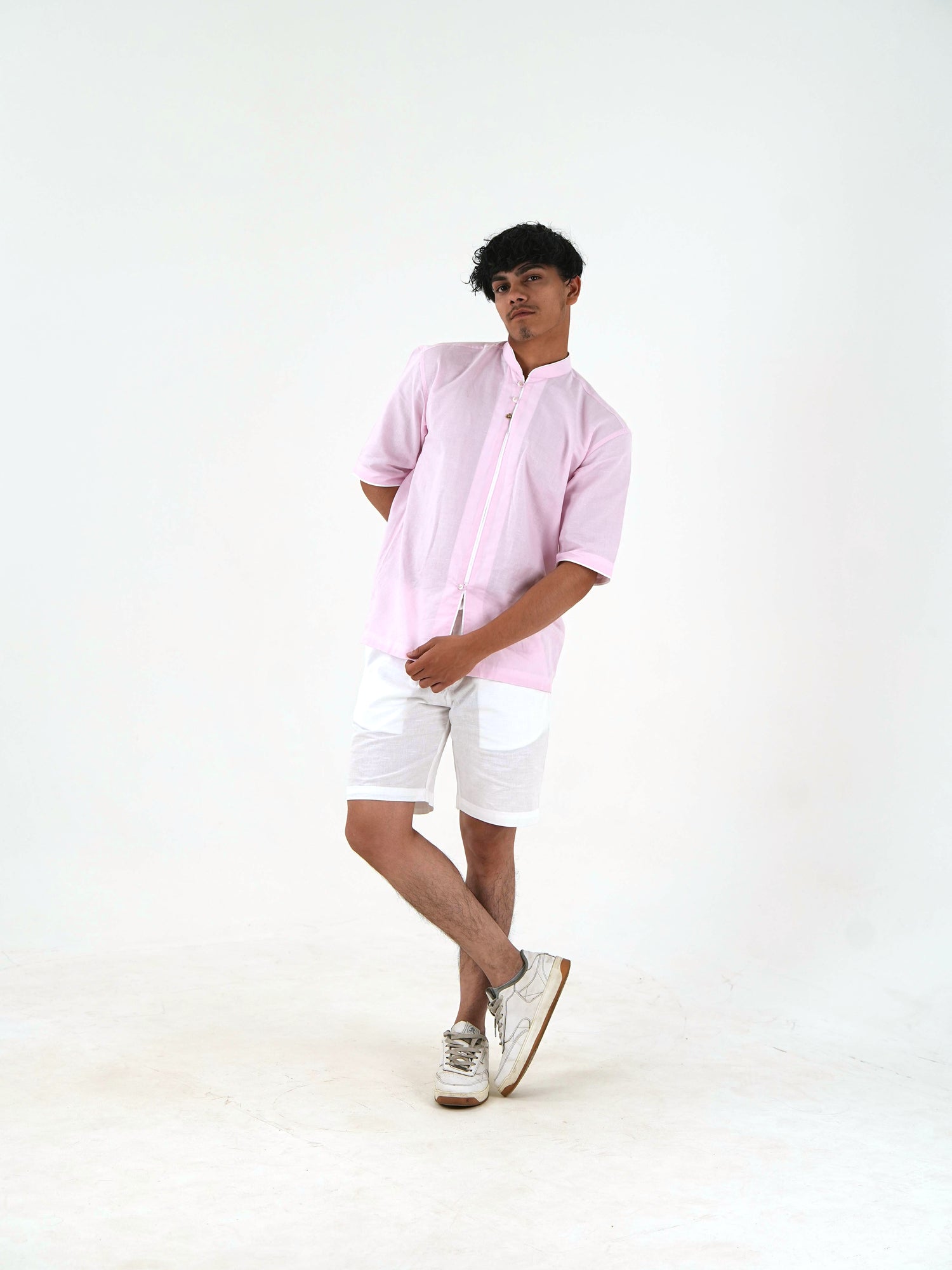 Half-Sleeve Short Kurta with Mandarin Collar - Blush Pink