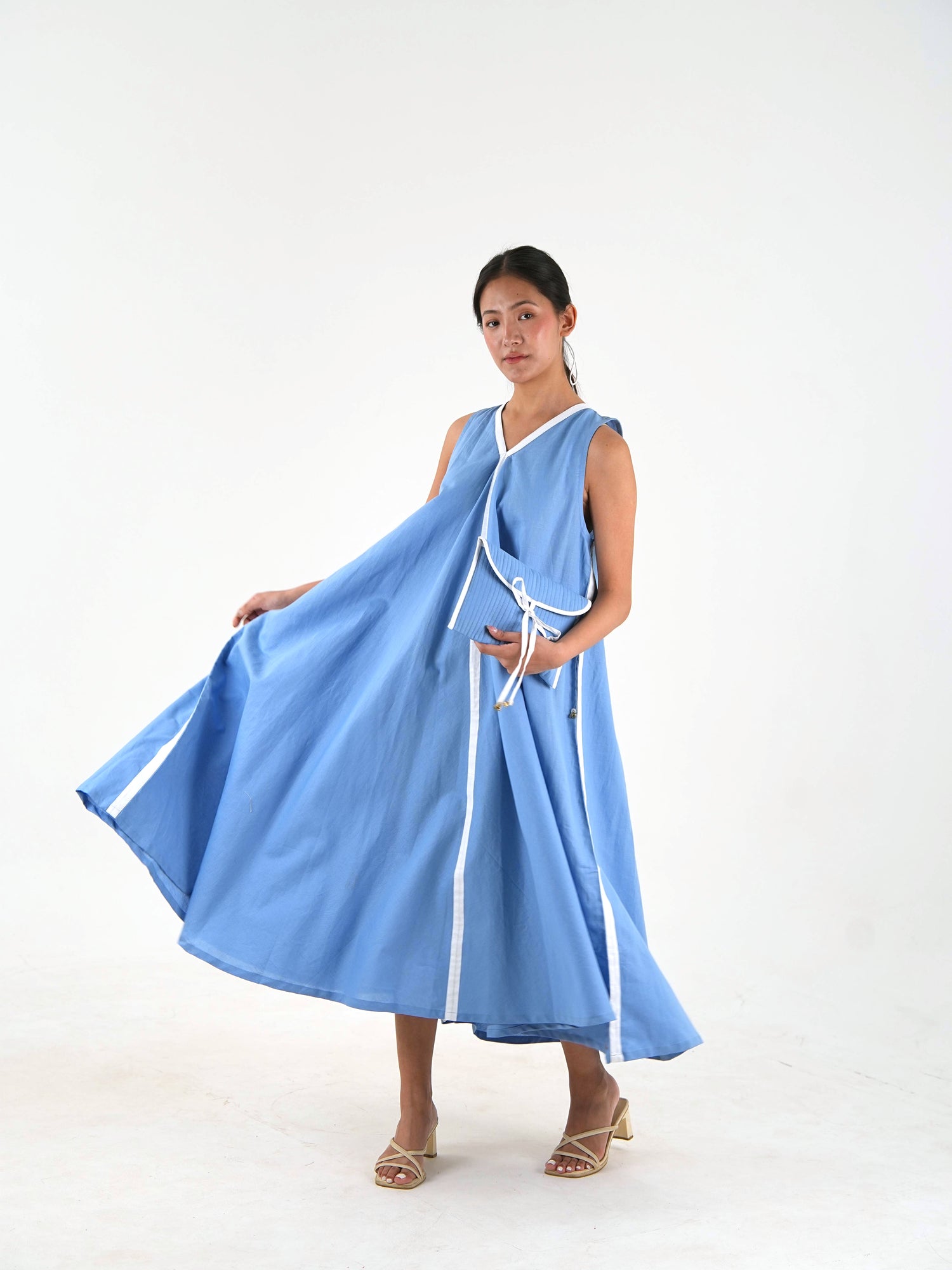 Sleeveless Flared Dress - Pastel Blue Linen