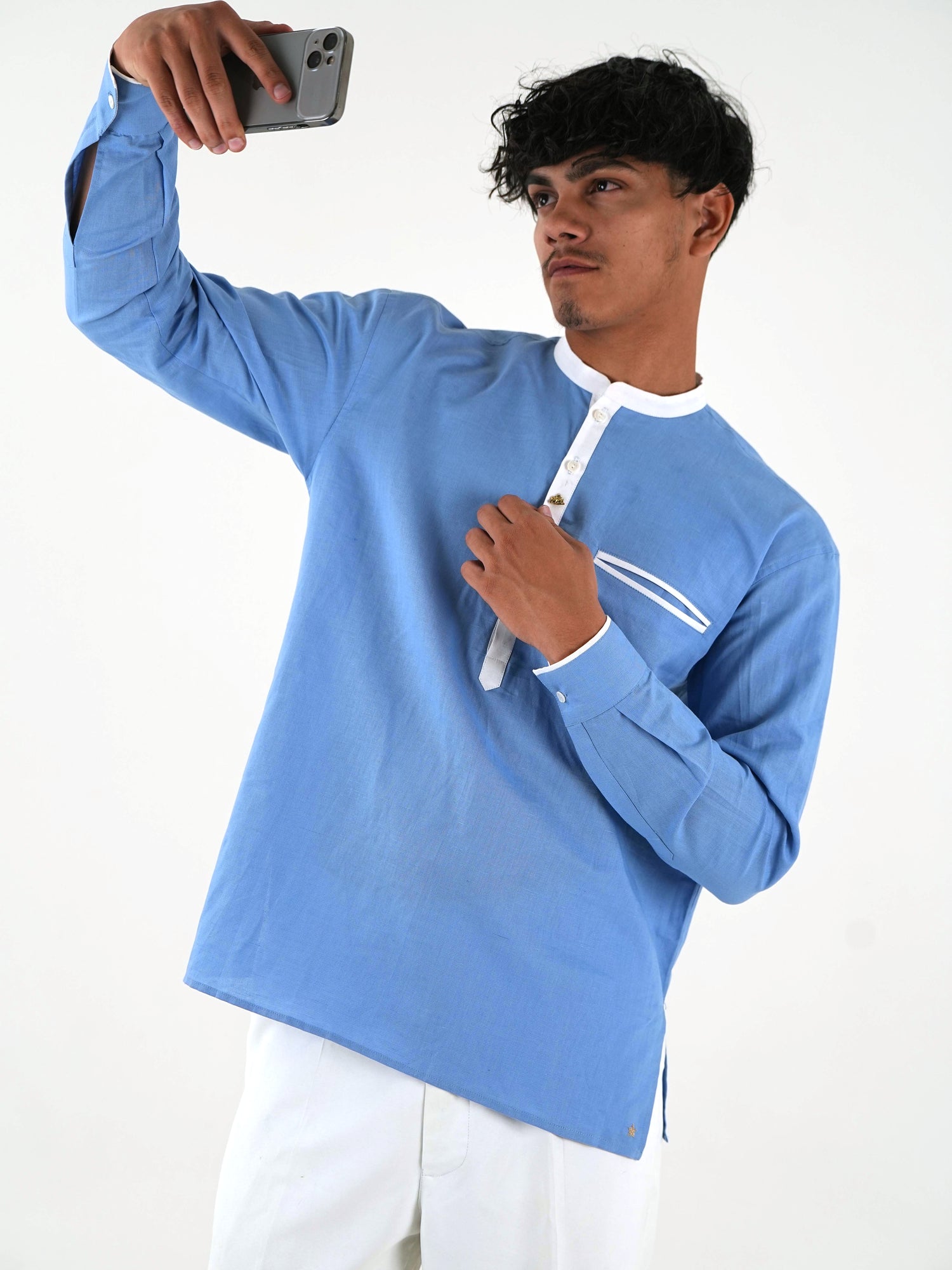 Linen Short Kurta - Sky Blue
