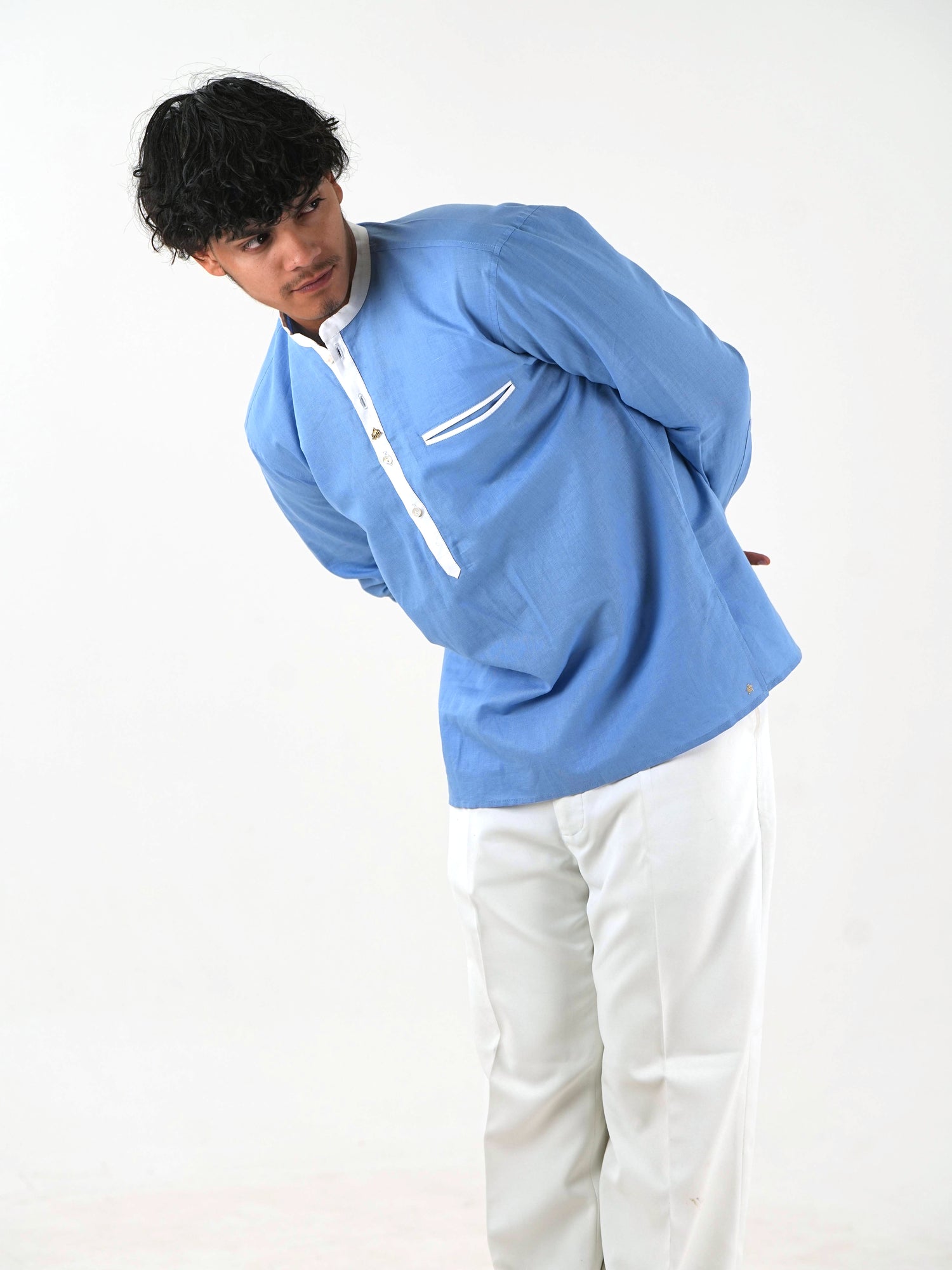 Linen Short Kurta - Sky Blue