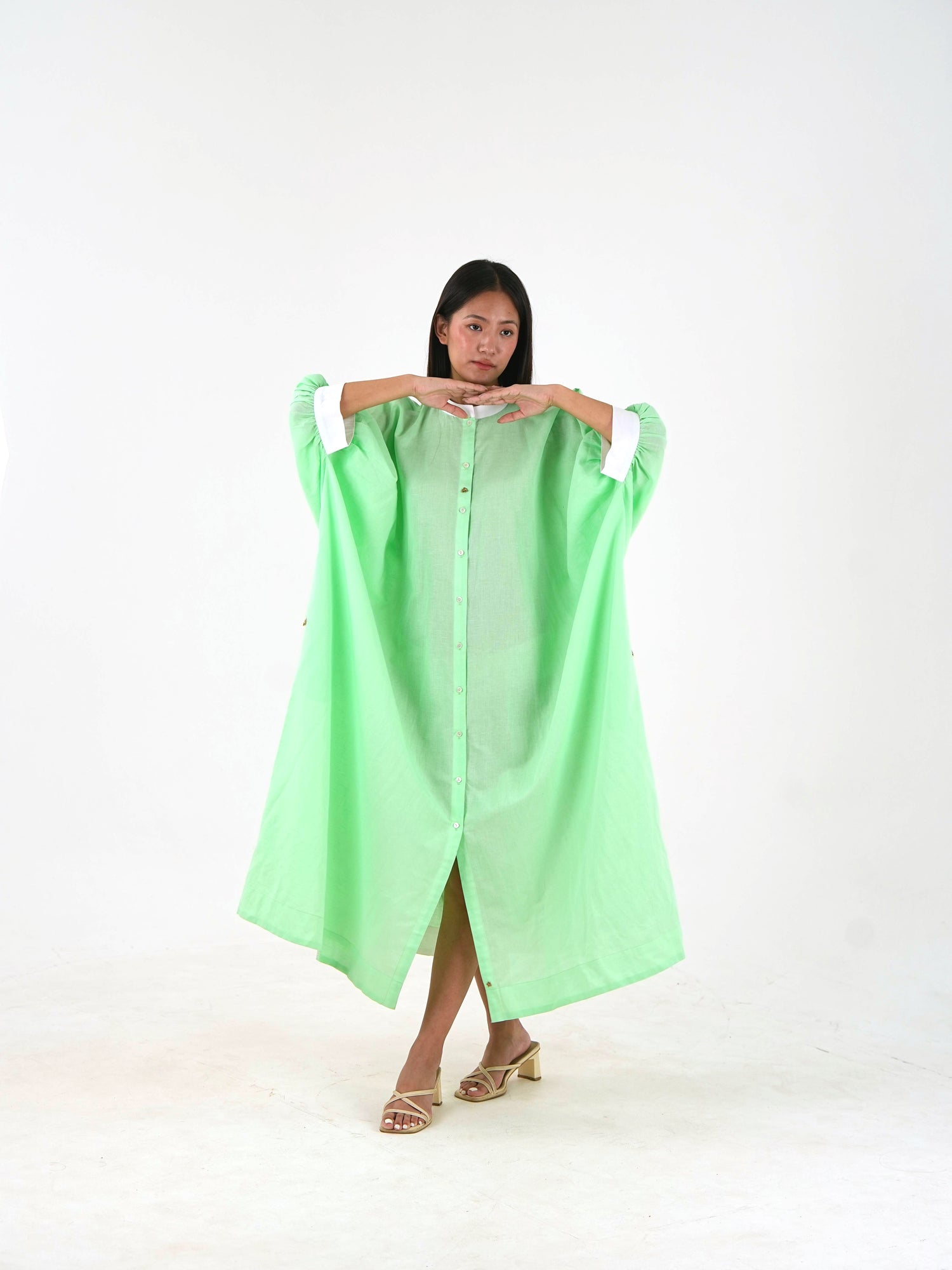 Cuff Sleeve Kaftan Dress - Mint Green Linen