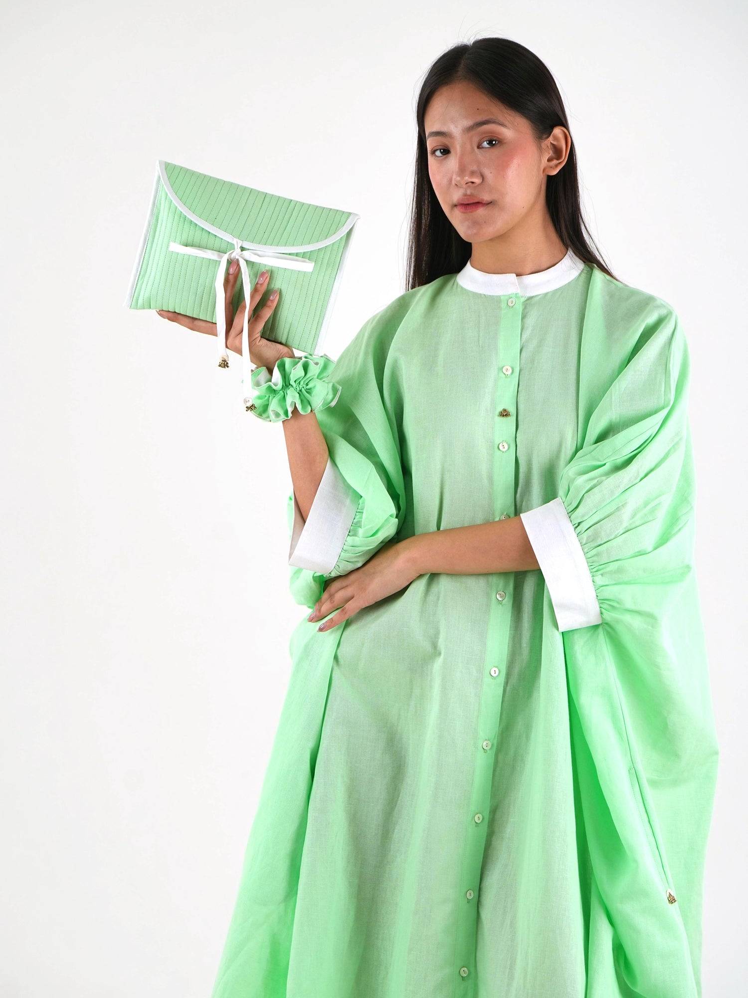 Cuff Sleeve Kaftan Dress - Mint Green Linen