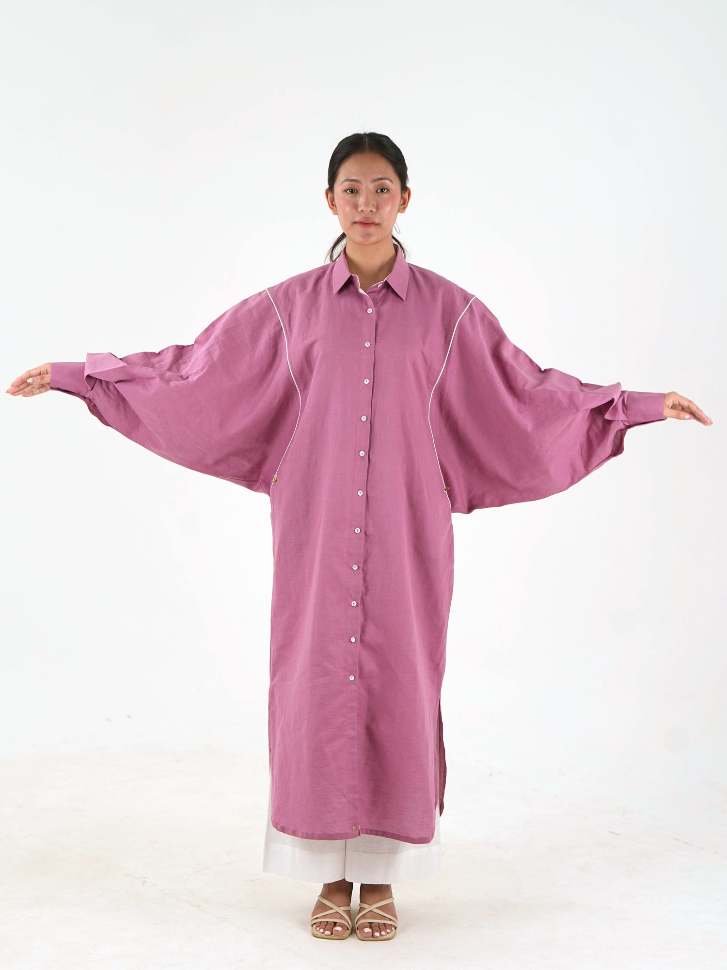White Piping kurta Pants Set - Mauve Linen