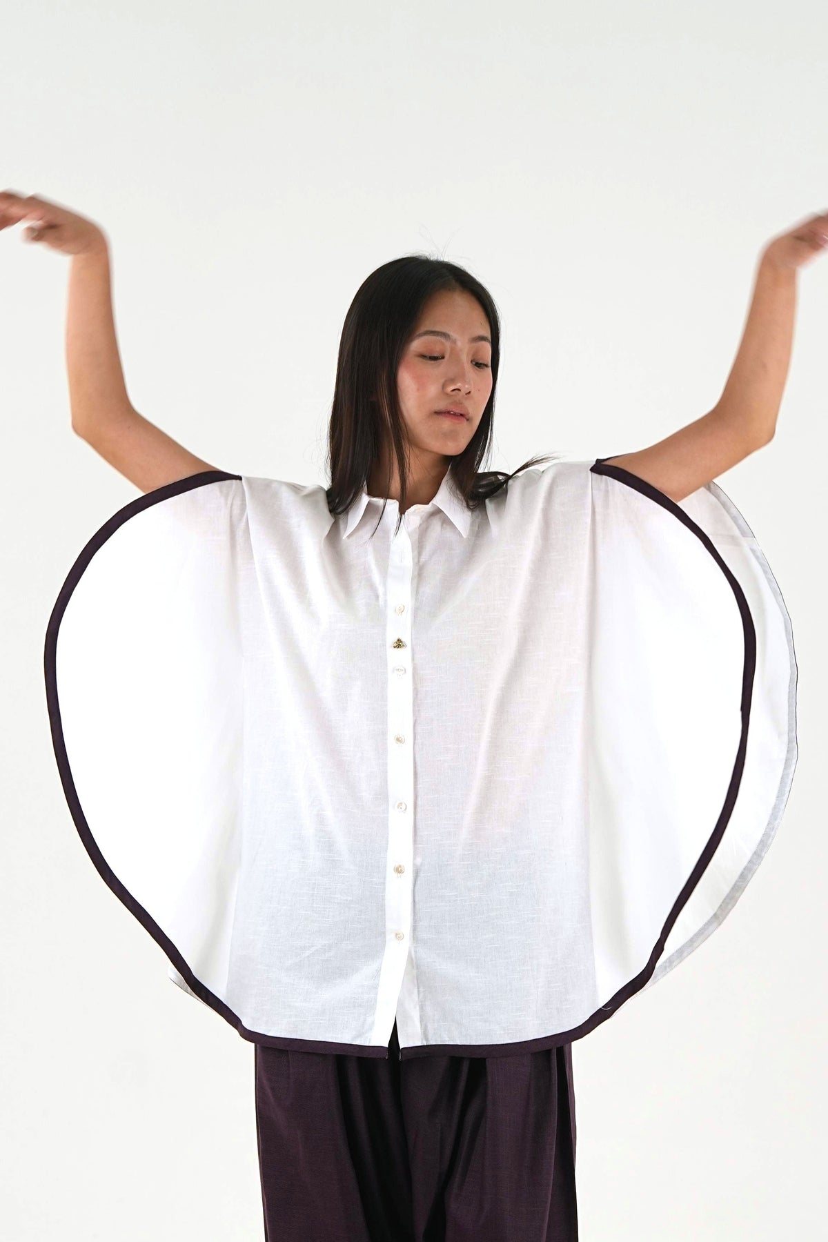 Shirt Collar Cape Shirt - White Linen Cotton