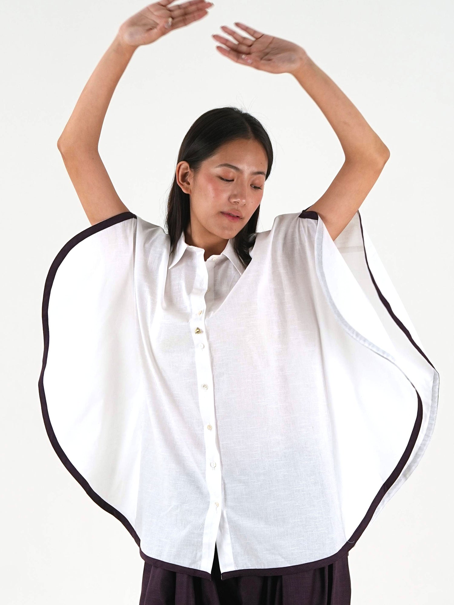 Shirt Collar Cape Shirt - White Linen Cotton