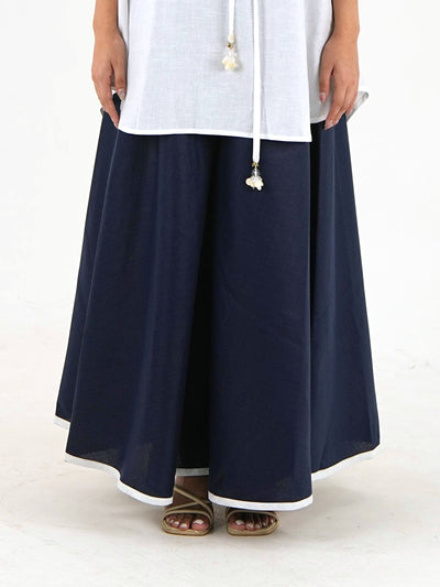 Flared Hem Wide Leg Pant - Navy Blue Linen