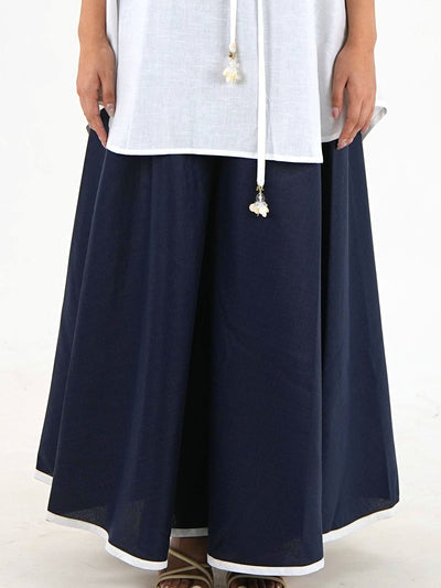 Flared Hem Wide Leg Pant - Navy Blue Nippon Linen