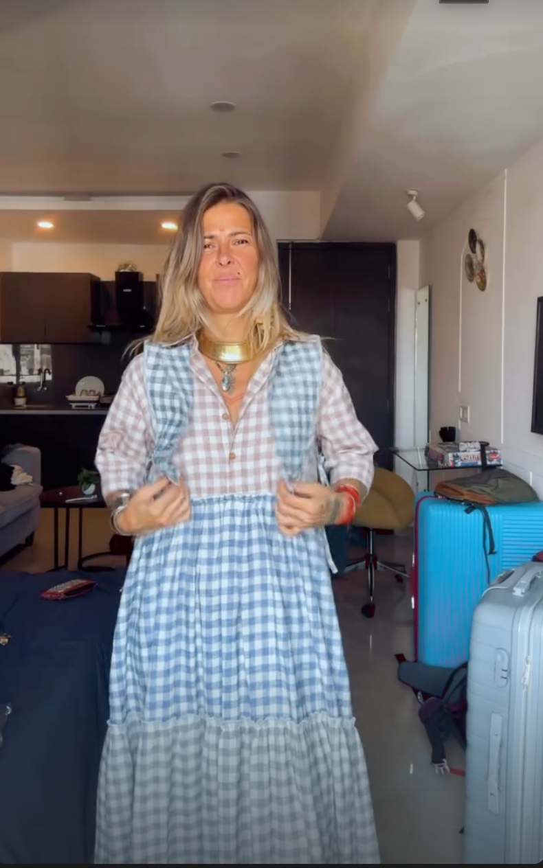 Full-length view of the checked cotton maxi dress