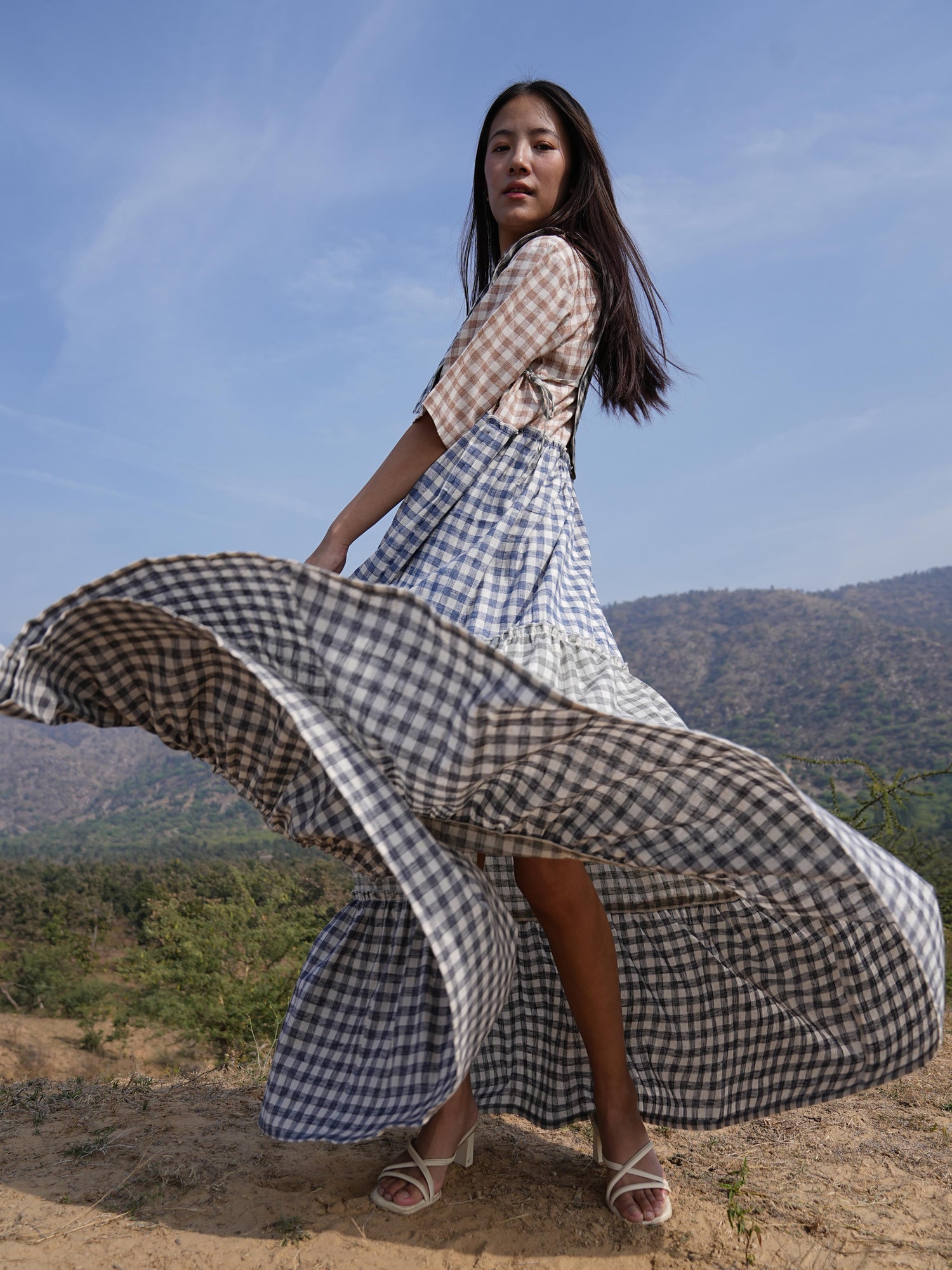 Back view of the checked cotton maxi dress