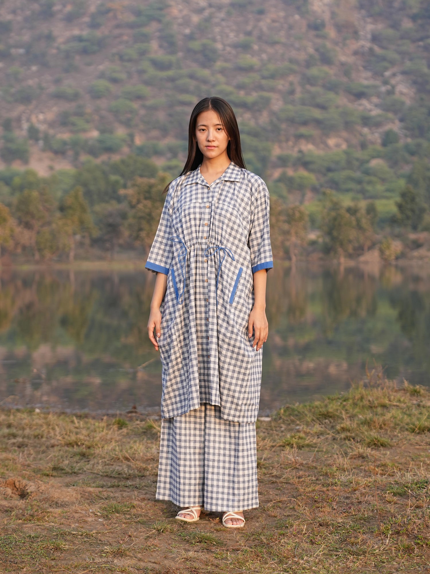 Straight palazzo pants of the anti-fit checked cotton co-ord