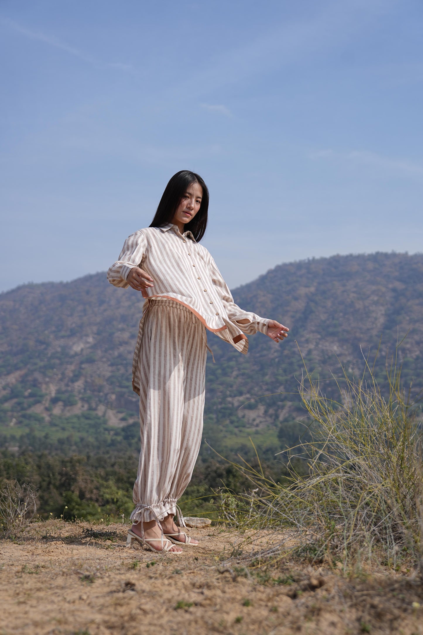Loom-textured striped cotton fabric detail of the Sutra Arc Stripe co-ord