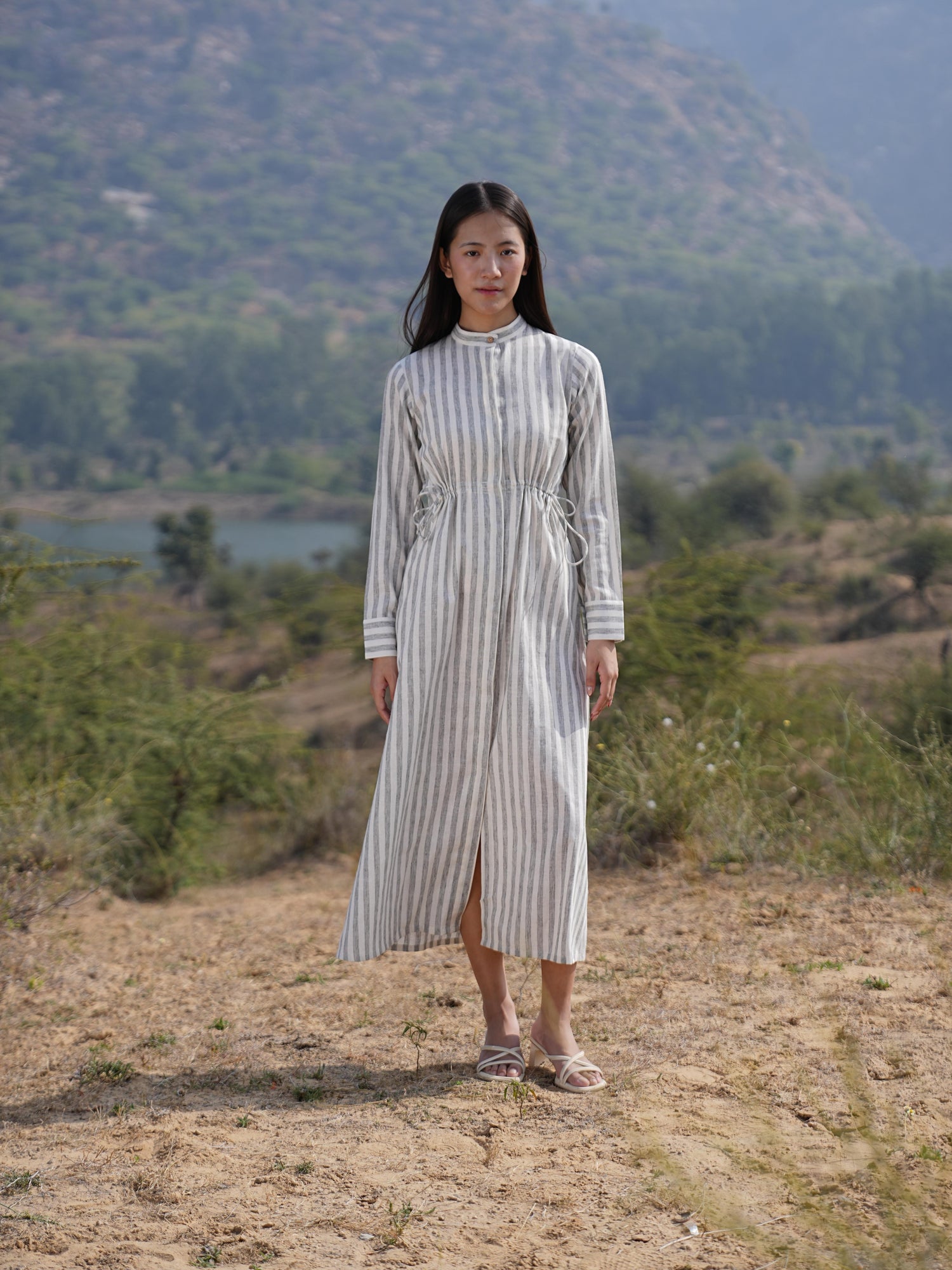 Back view of the striped cotton maxi dress