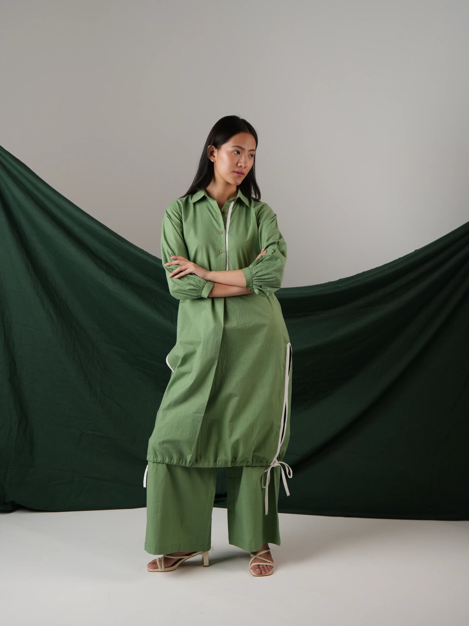 Vanshitaaz Sage Green Cotton Co-ord set with White Stripes Detailing