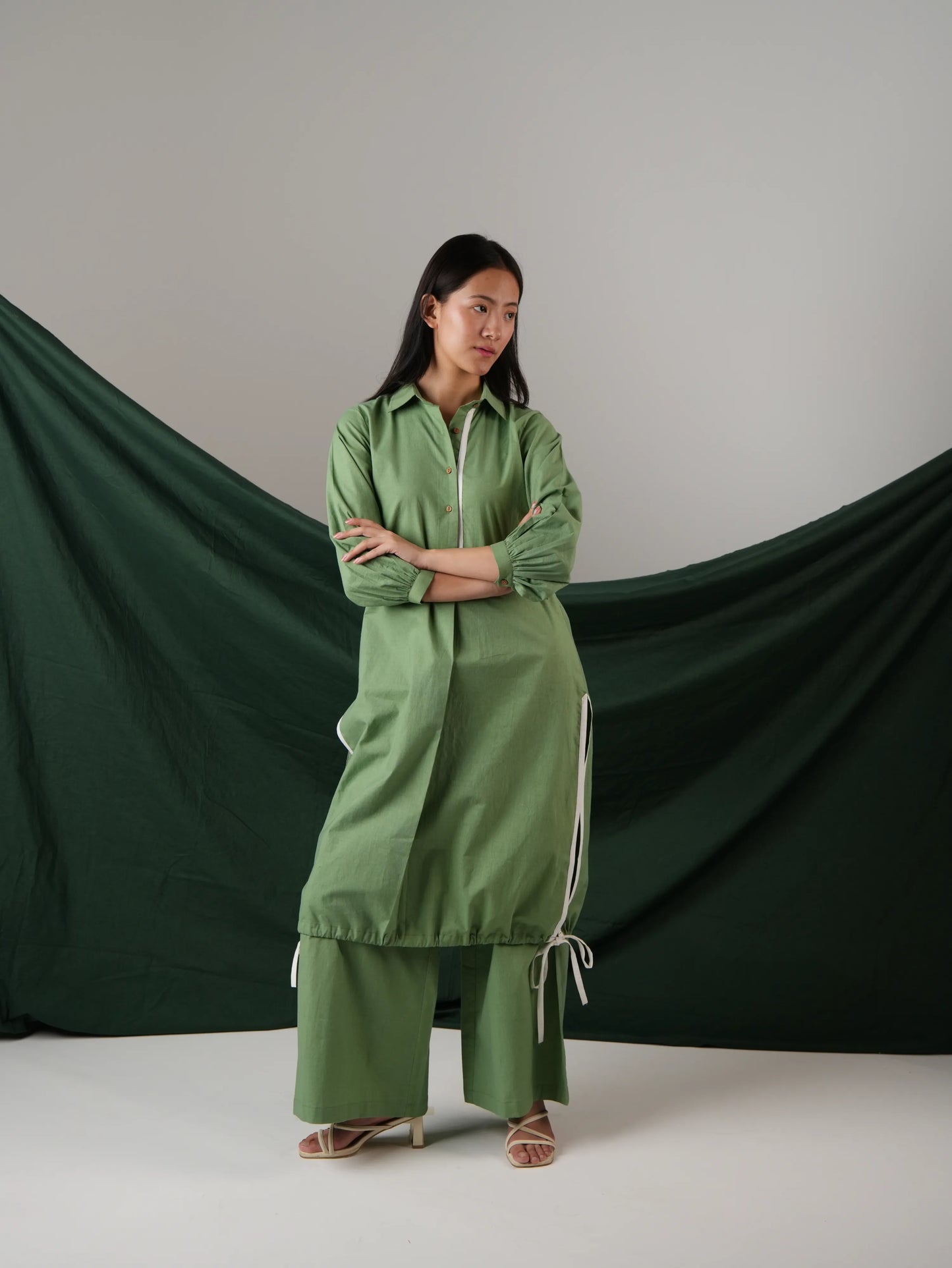 Vanshitaaz Sage Green Cotton Co-ord set with White Stripes Detailing