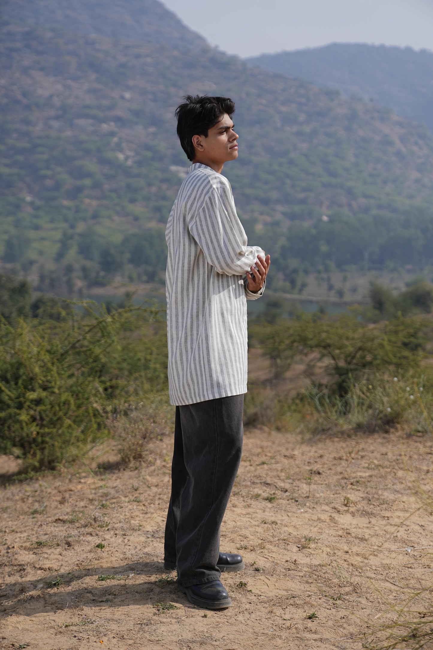 Olive Stripe Maxi Dress & Kurta Duo