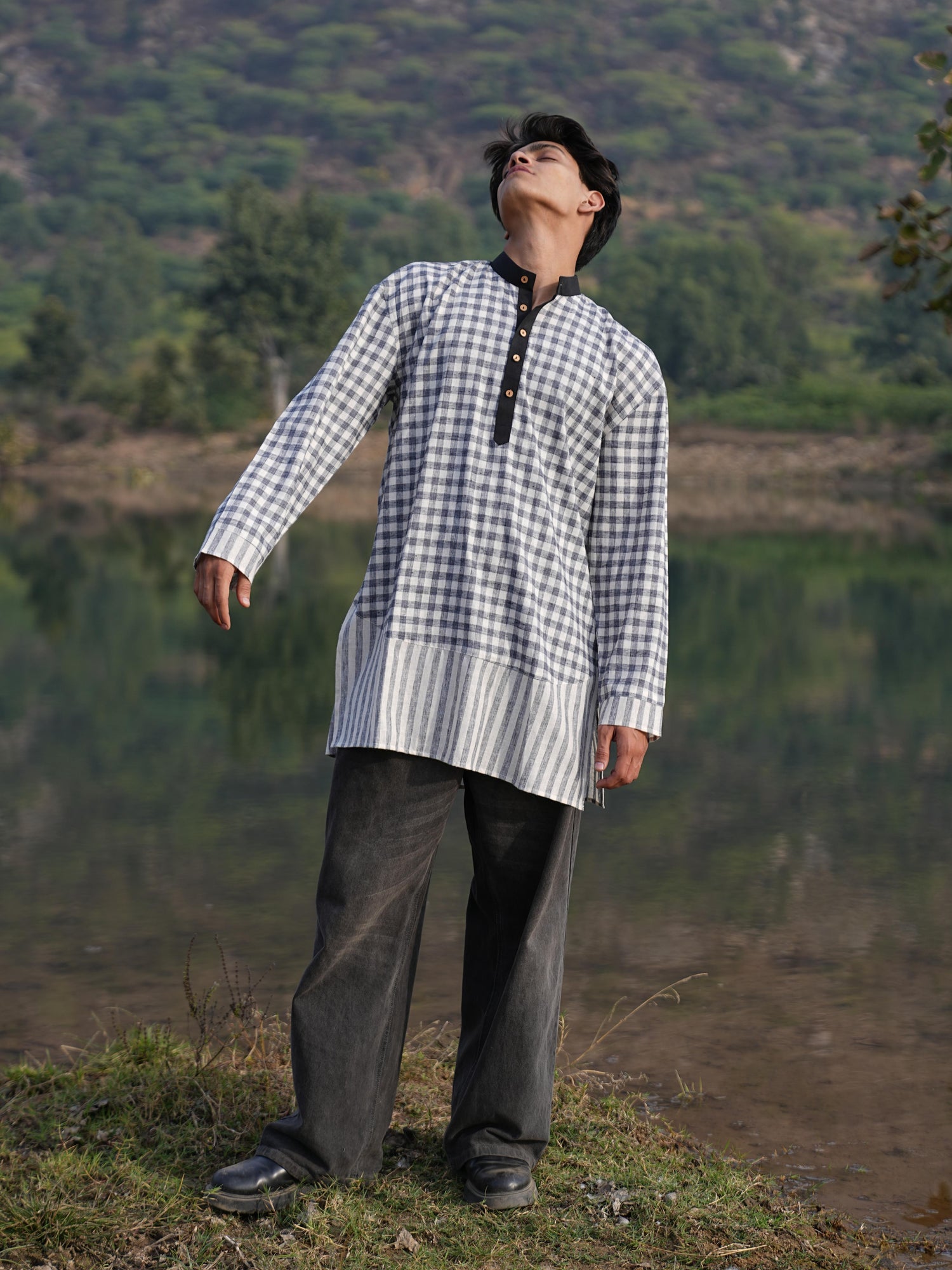 Black Stripe Dress & Check Kurta Duo