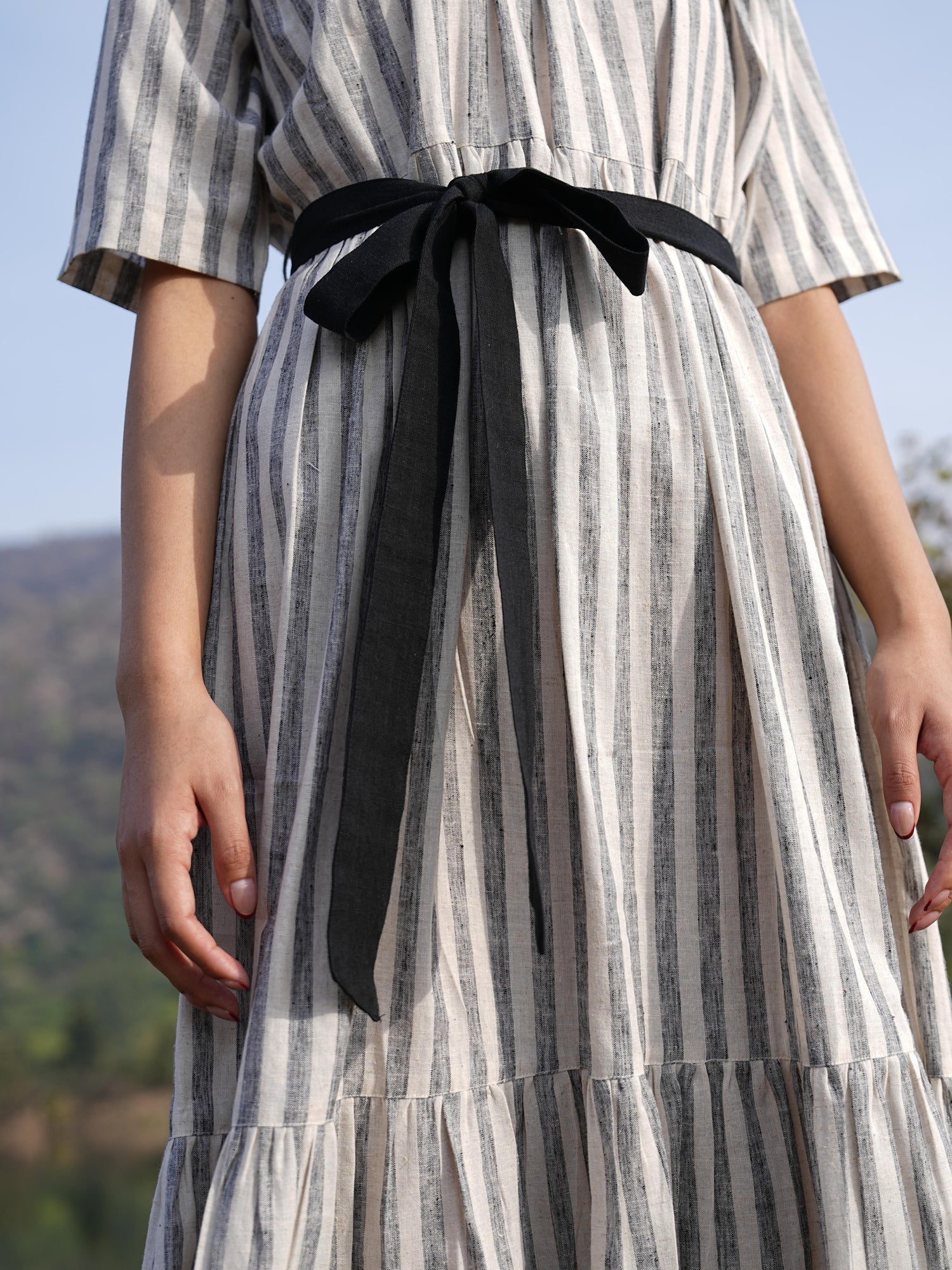 Sutra Midi Stripe Dress styled simply for everyday wear