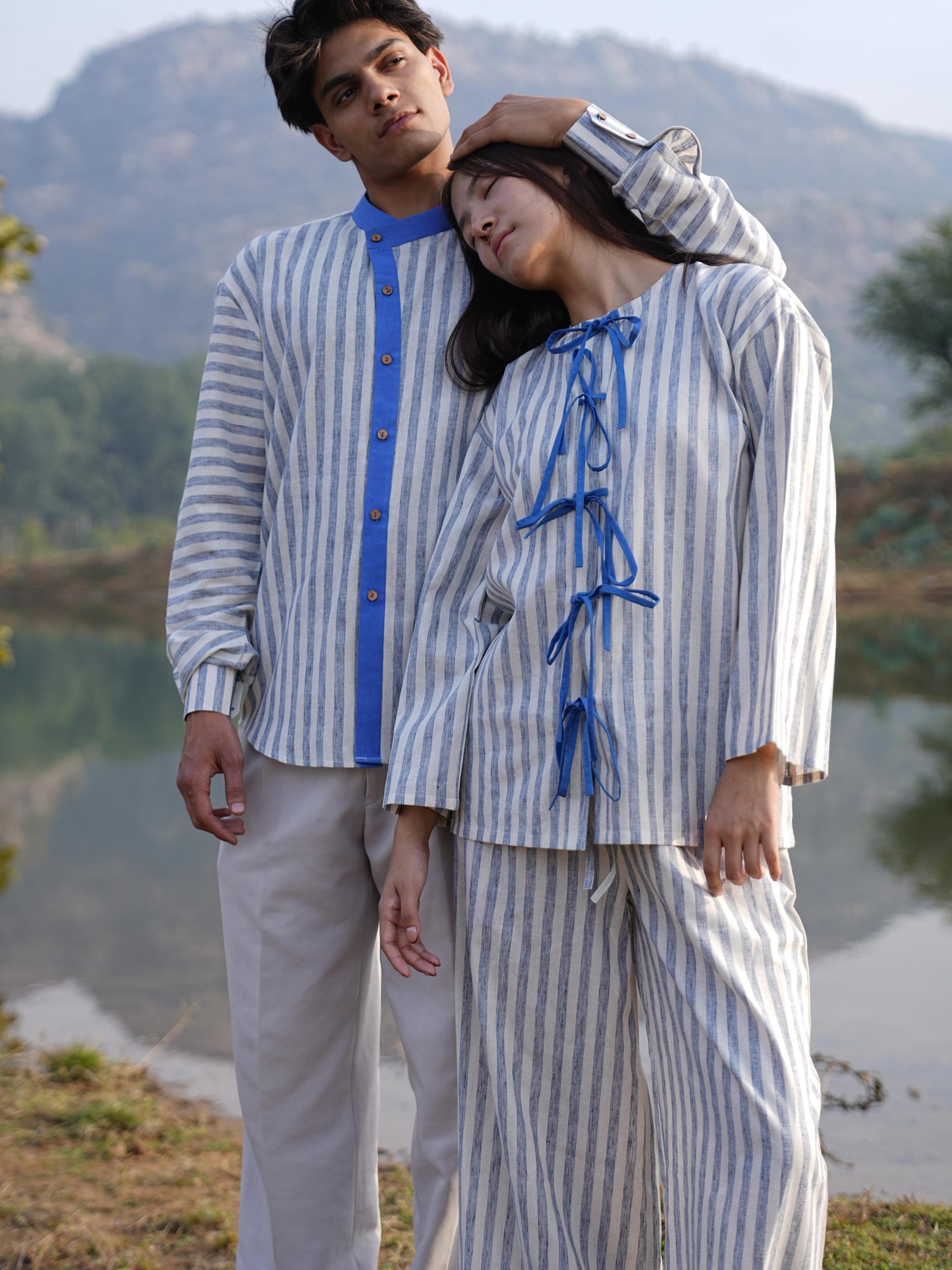 Model styling the striped cotton co-ord set for a warm summer day