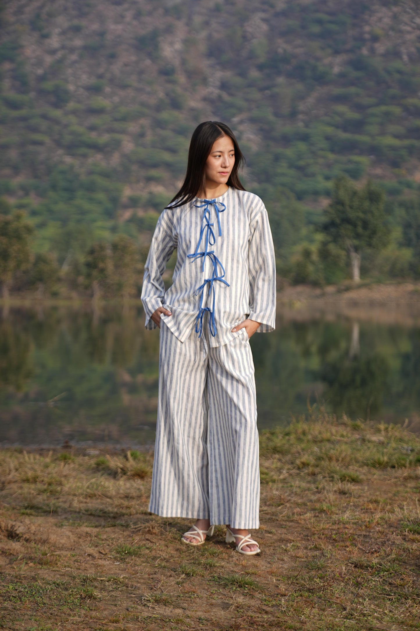Stripe Co-ord with bow & Asymmetric Shirt Duo