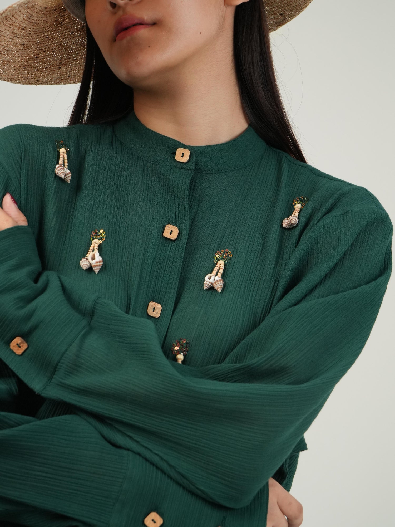 Subtle embellishment sparkle on the Racing Green crinkled cotton co-ord