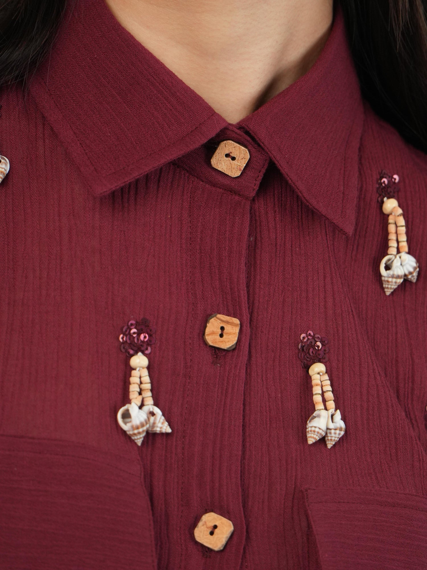 Effortless Merlot crinkled cotton co-ord styled for a day out