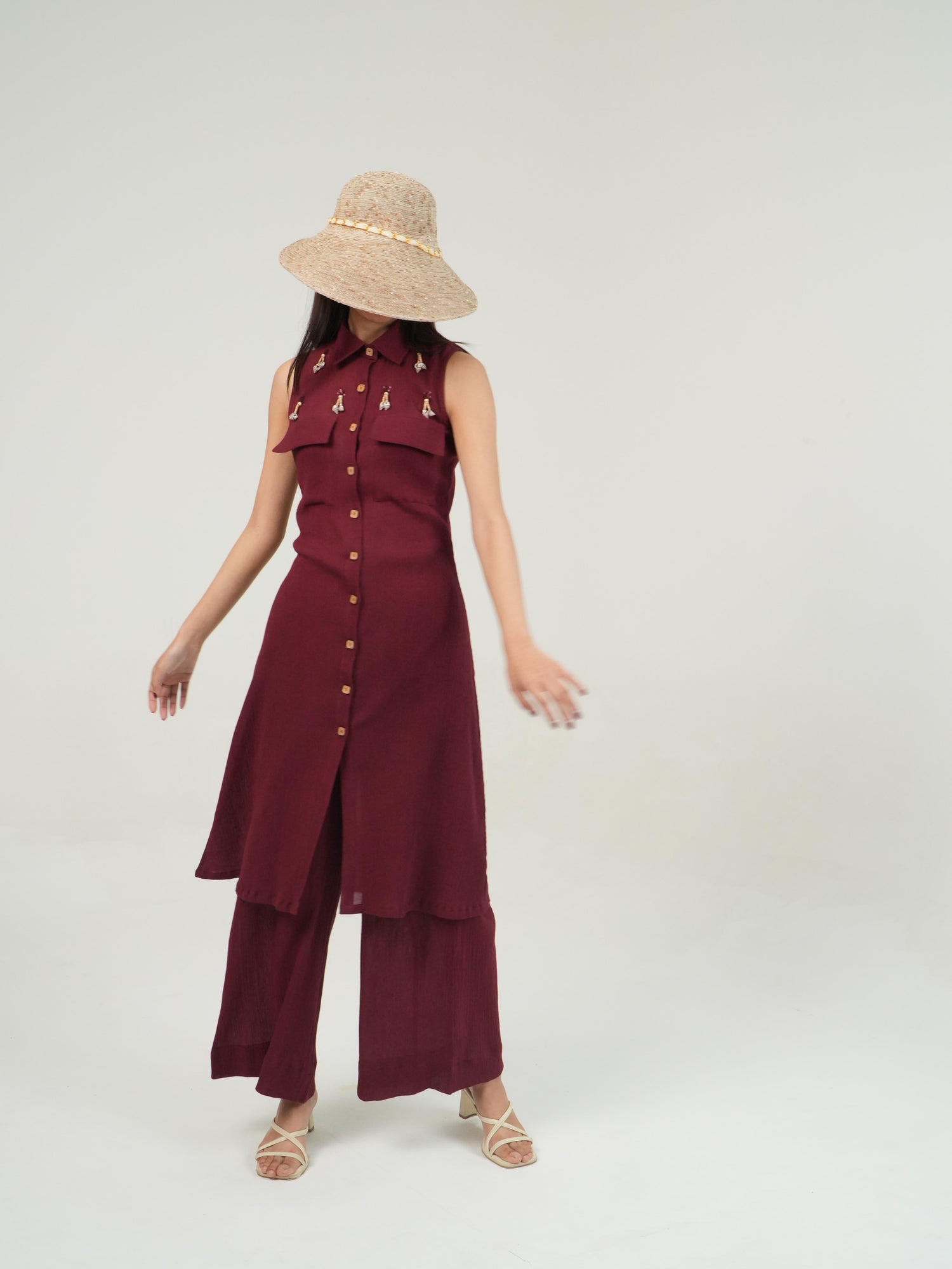 Full-length view of the Merlot crinkled cotton co-ord set