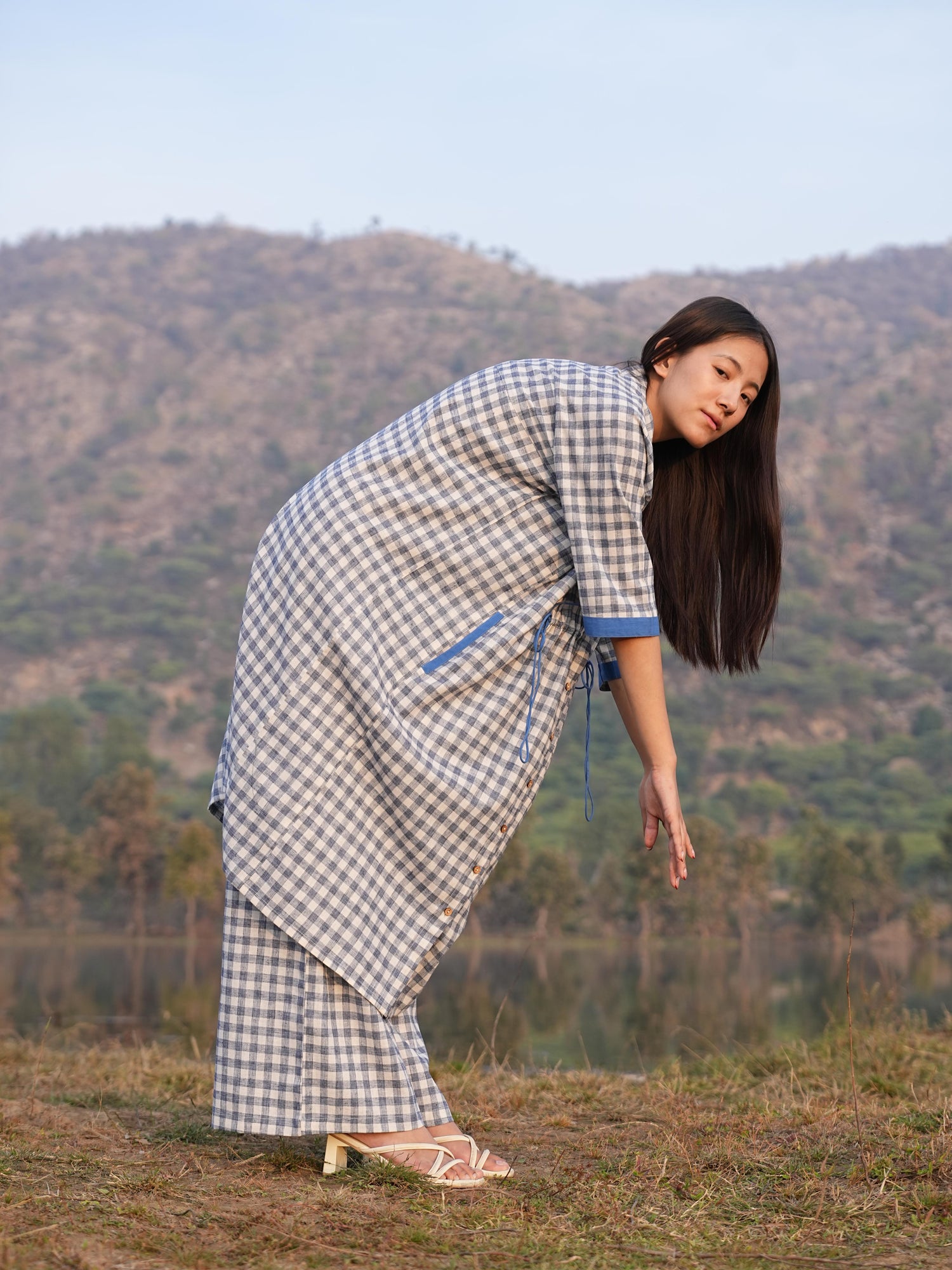 Relaxed, boxy anti-fit checked cotton co-ord shown full length