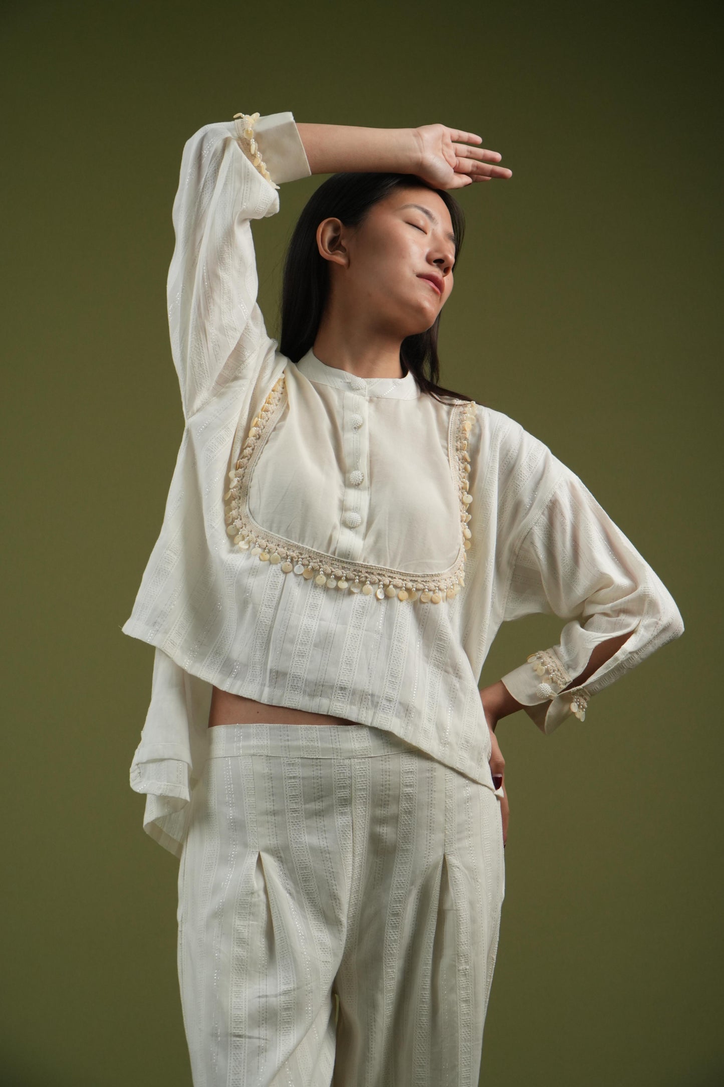 Vanshitaaz Ivory Grace Embroidered Shirt & Pleated Pants Set