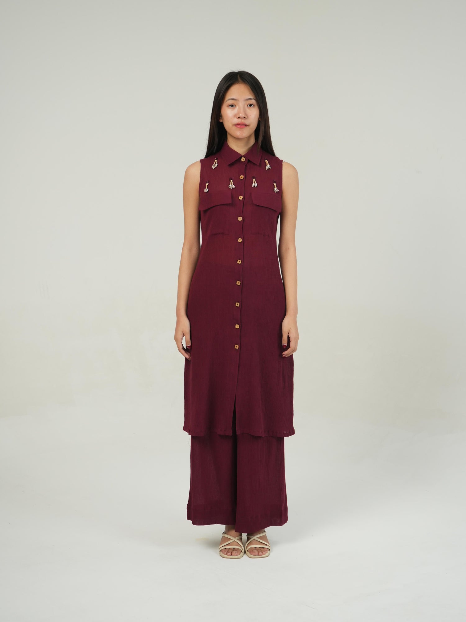 Back view of the Merlot crinkled cotton co-ord set