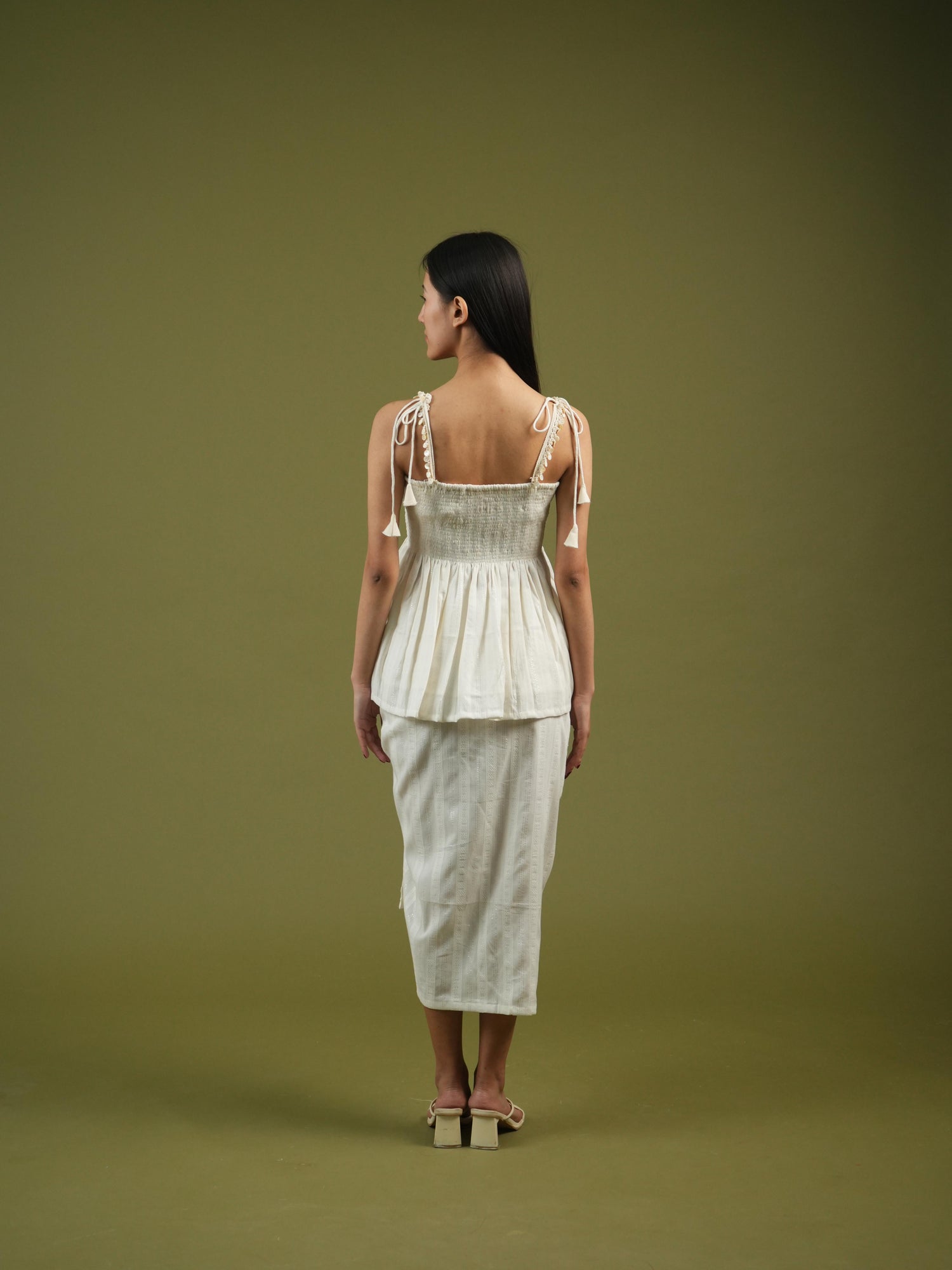 Vanshitaaz Ivory Breeze Smocked Top & Drape Skirt Set