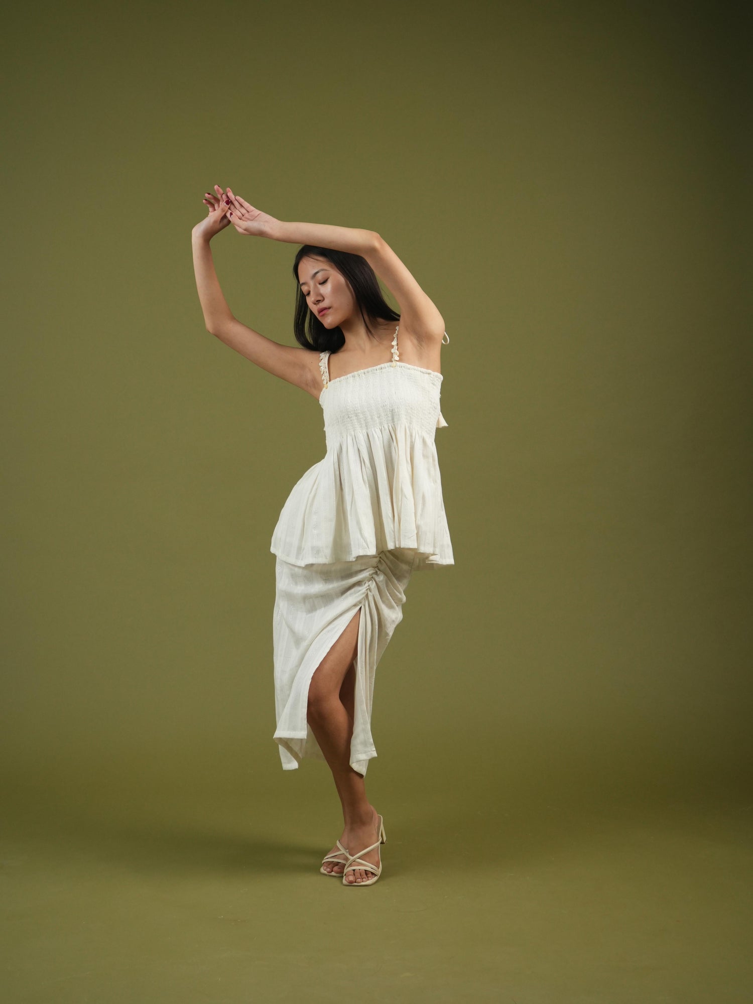 Vanshitaaz Ivory Breeze Smocked Top & Drape Skirt Set