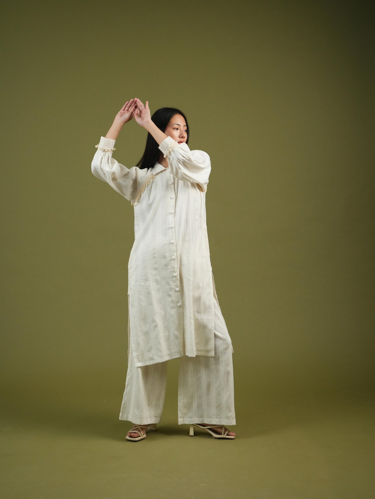 Vanshitaaz Ivory Longline Button-Down Shirt & Wide-Leg Pants Set