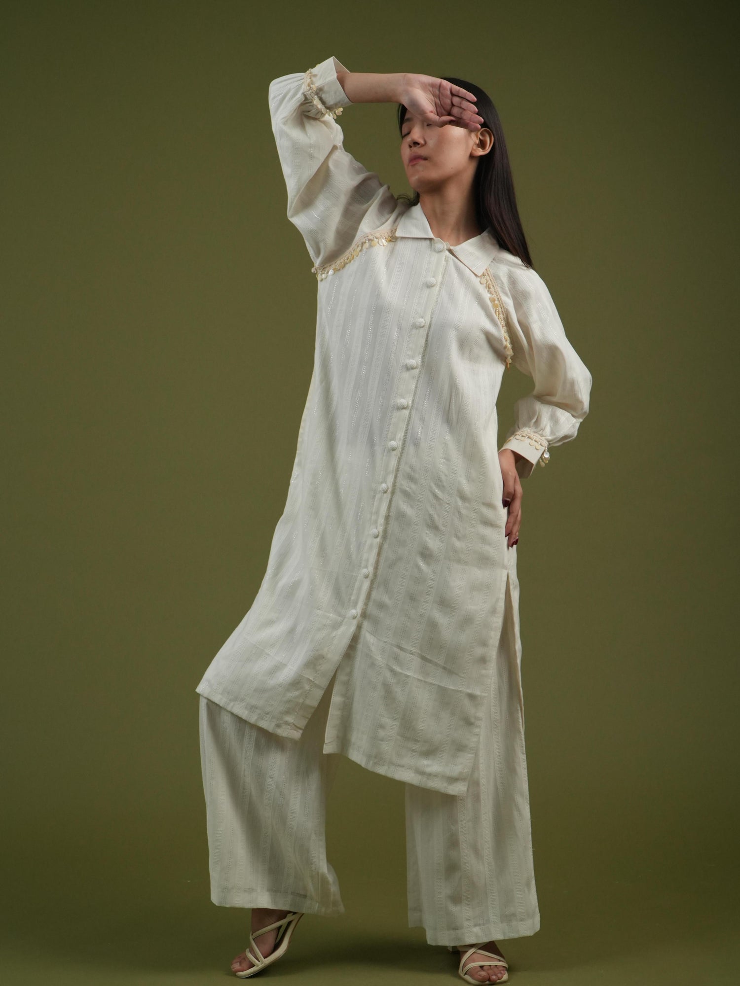 Vanshitaaz Ivory Longline Button-Down Shirt & Wide-Leg Pants Set