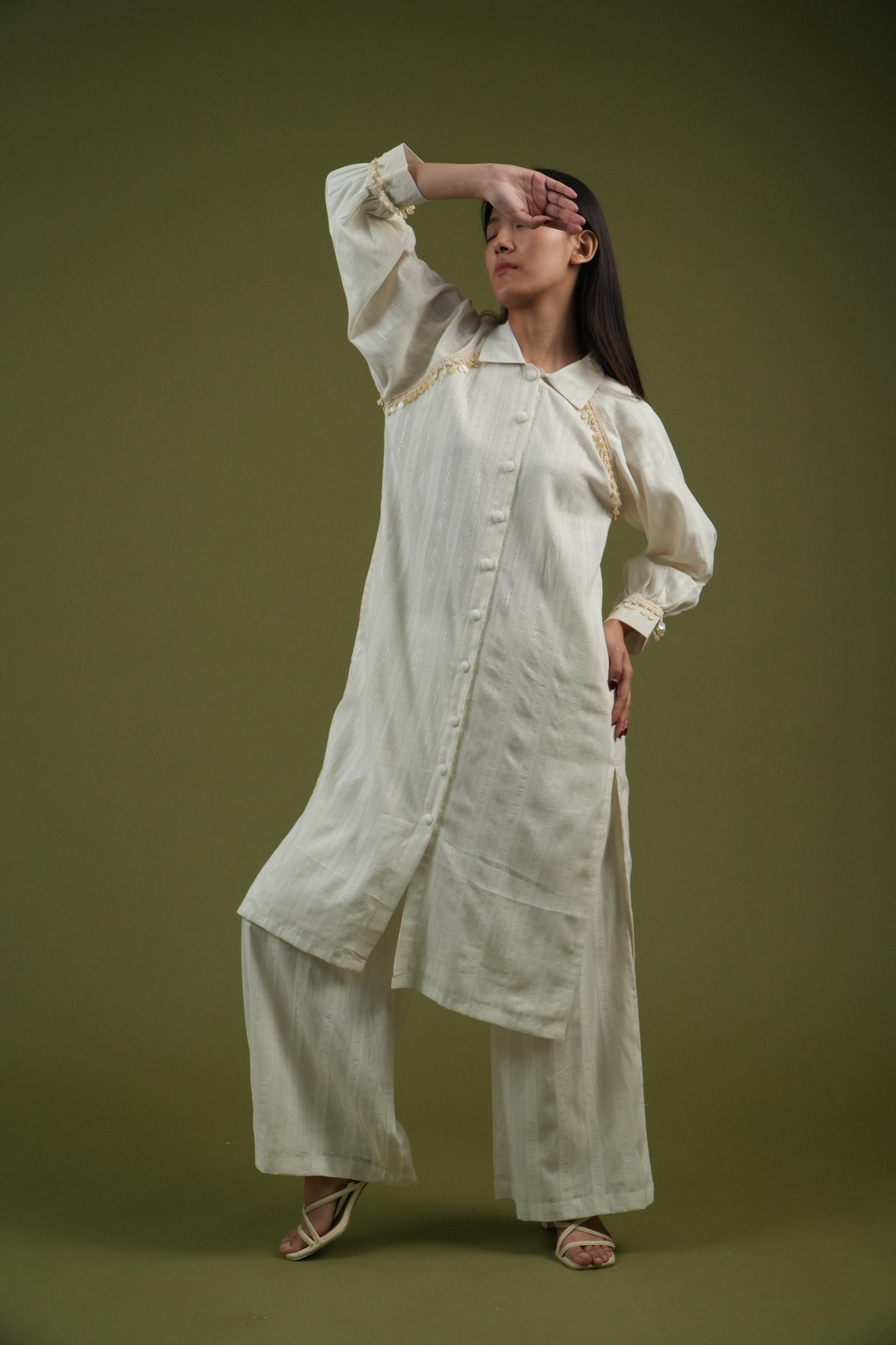 Vanshitaaz Ivory Longline Button-Down Shirt & Wide-Leg Pants Set