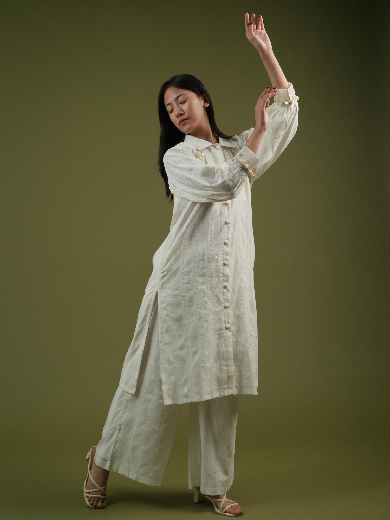 Vanshitaaz Ivory Longline Button-Down Shirt & Wide-Leg Pants Set