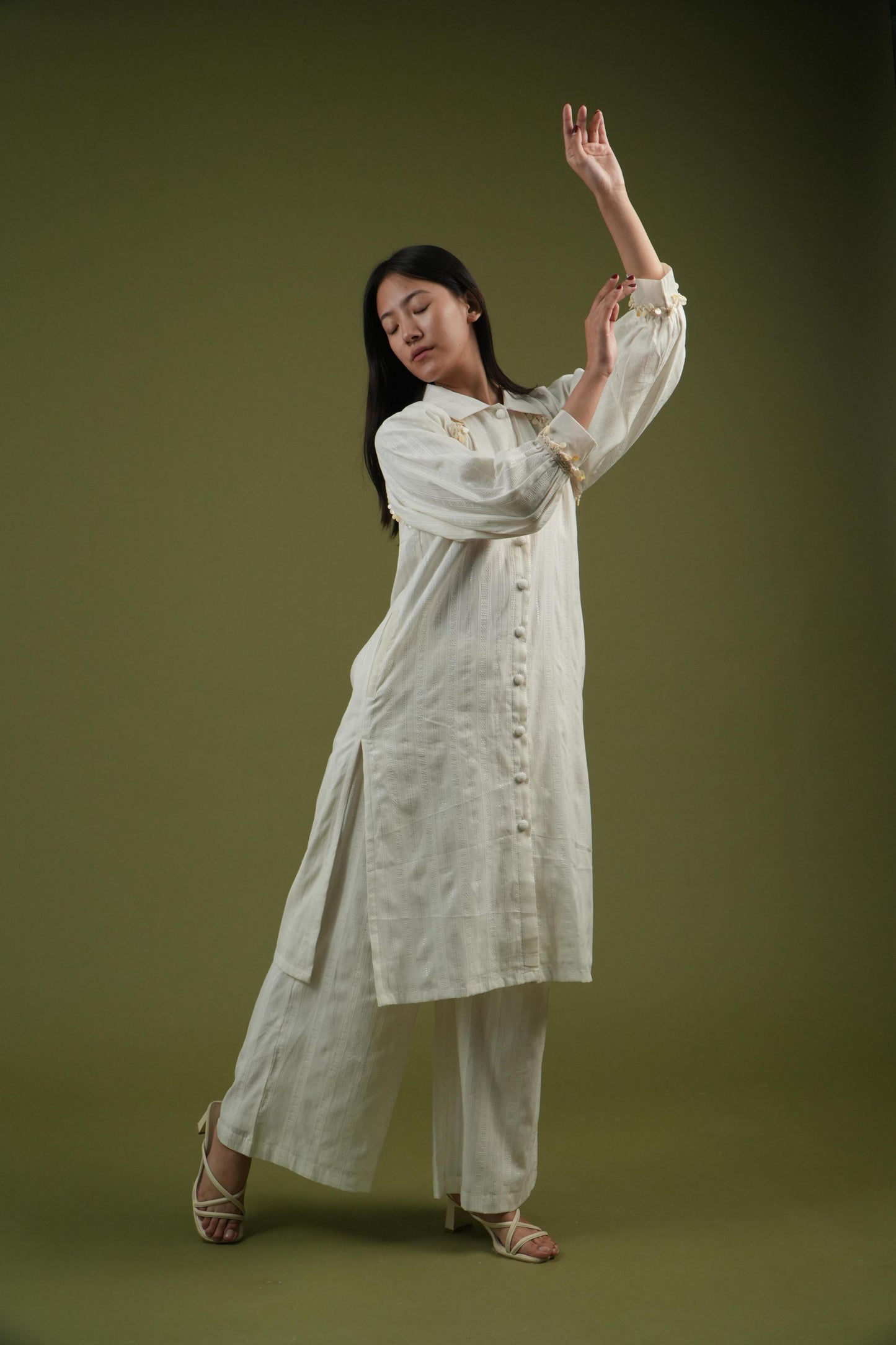 Vanshitaaz Ivory Longline Button-Down Shirt & Wide-Leg Pants Set
