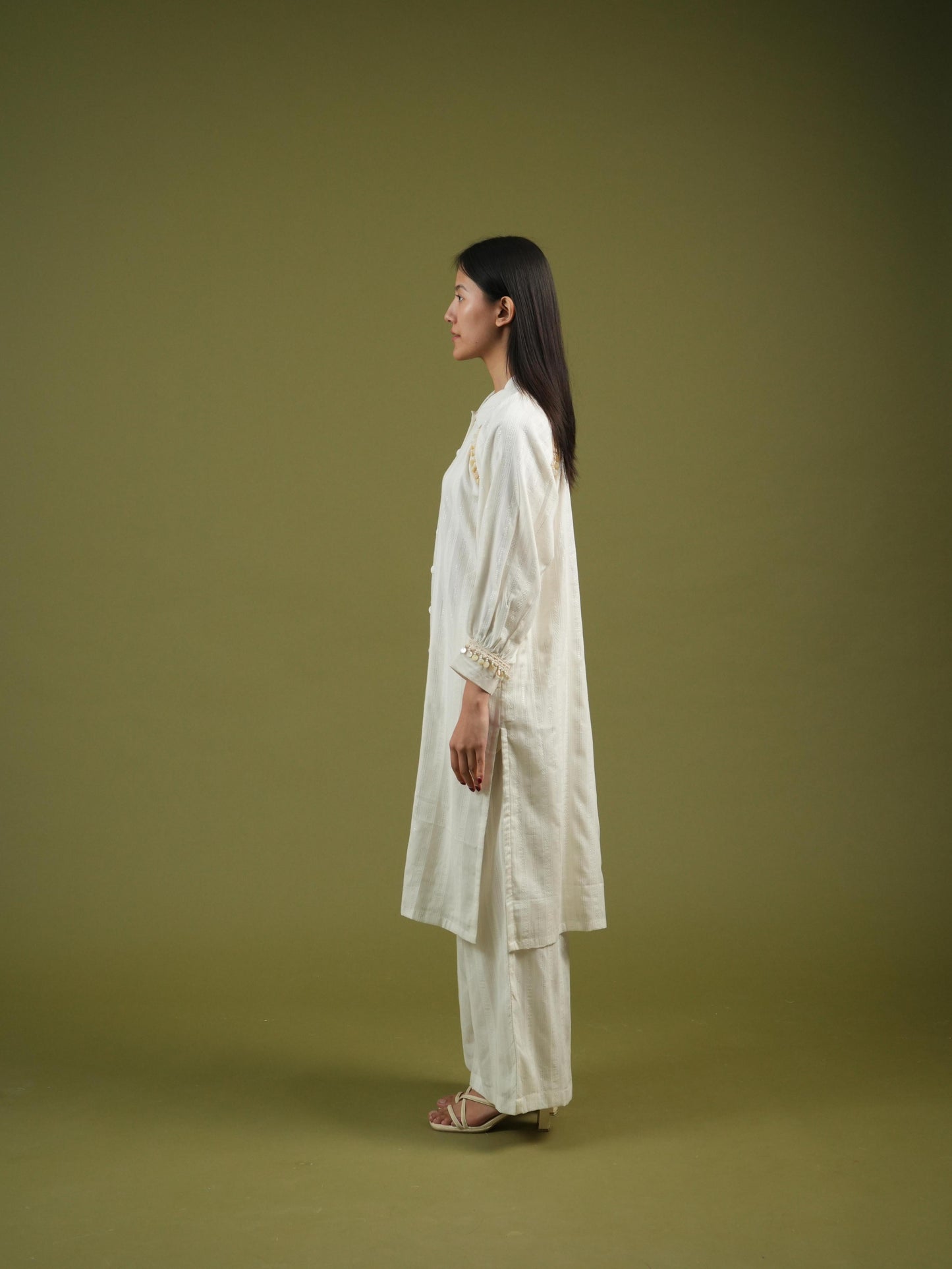 Vanshitaaz Ivory Longline Button-Down Shirt & Wide-Leg Pants Set