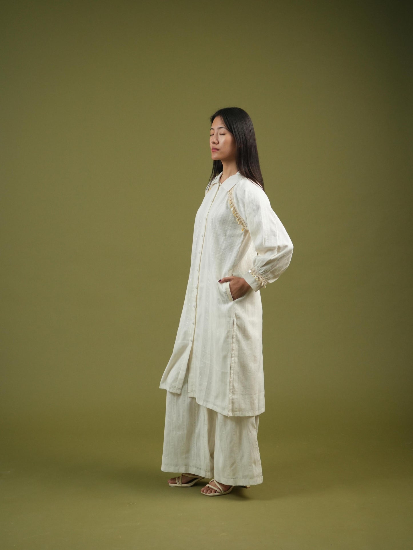 Vanshitaaz Ivory Longline Button-Down Shirt & Wide-Leg Pants Set