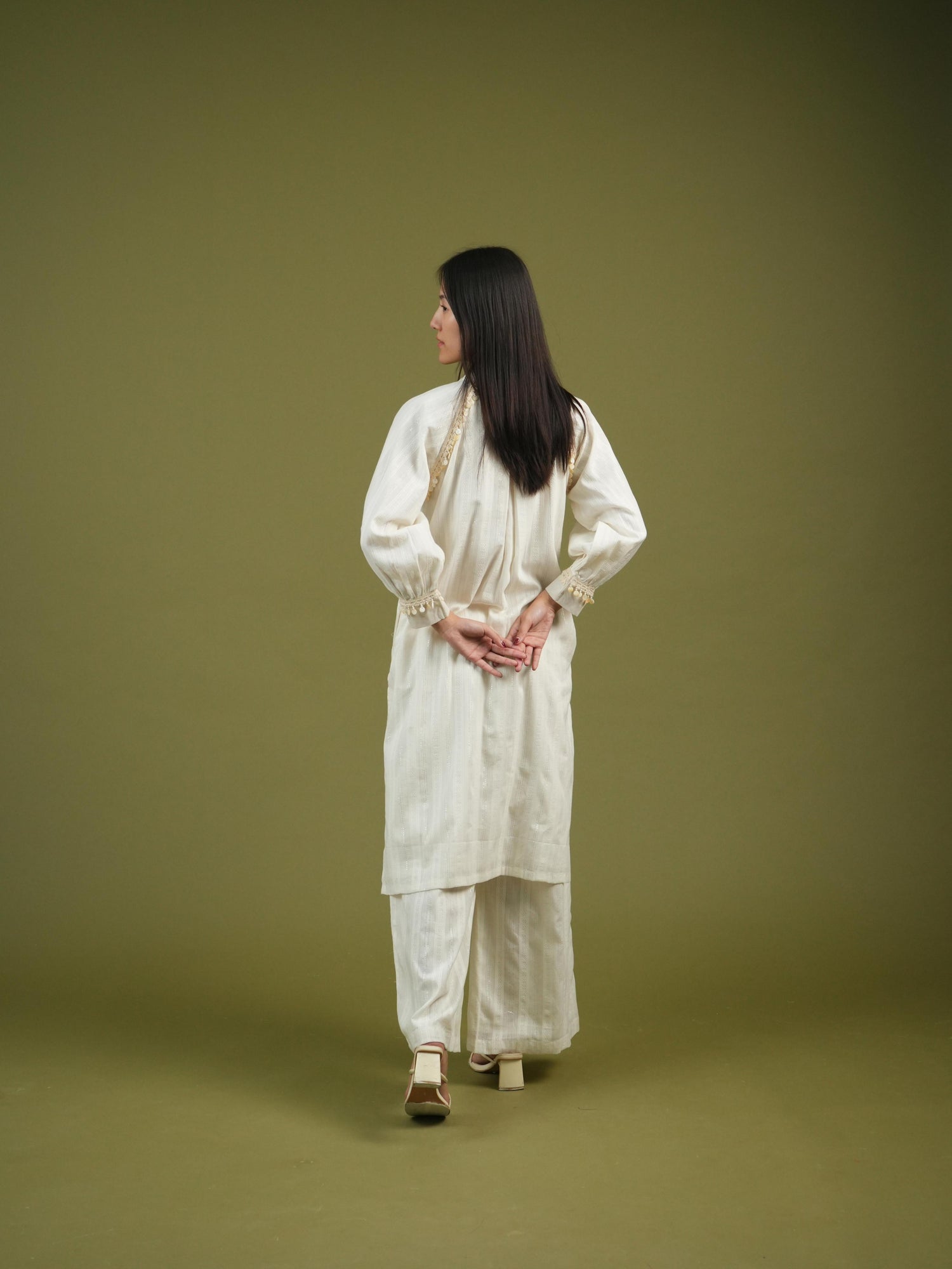 Vanshitaaz Ivory Longline Button-Down Shirt & Wide-Leg Pants Set