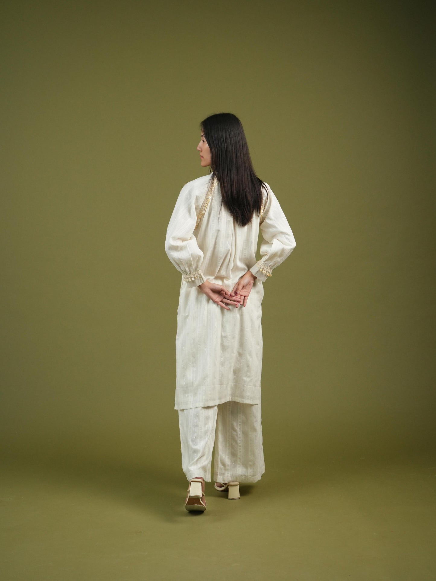 Vanshitaaz Ivory Longline Button-Down Shirt & Wide-Leg Pants Set