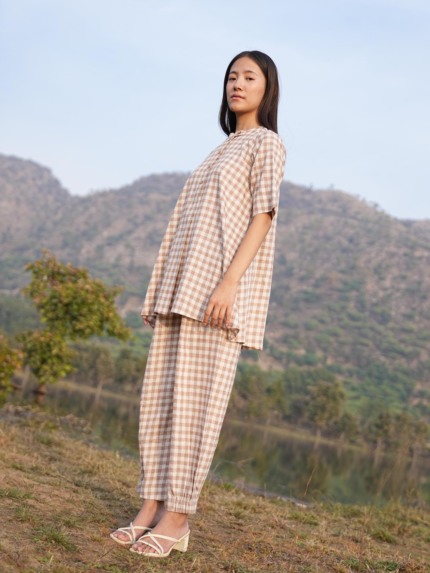 Relaxed, boxy checked cotton co-ord shown full length