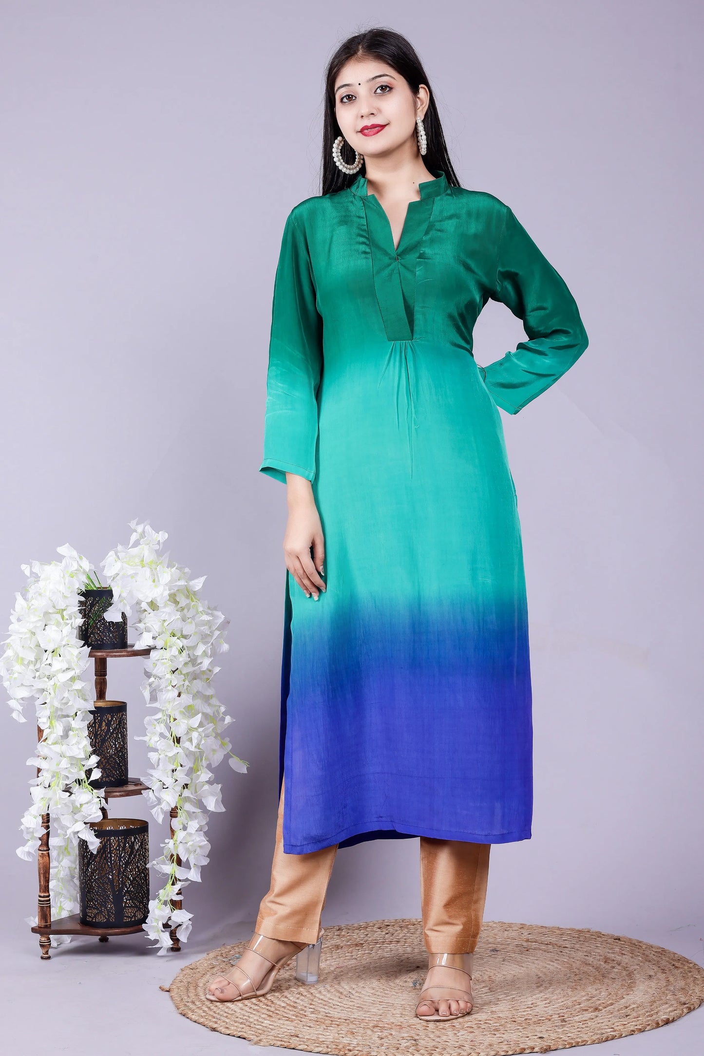 Ombre Bottle green Kurta Pant Brocade Dupatta