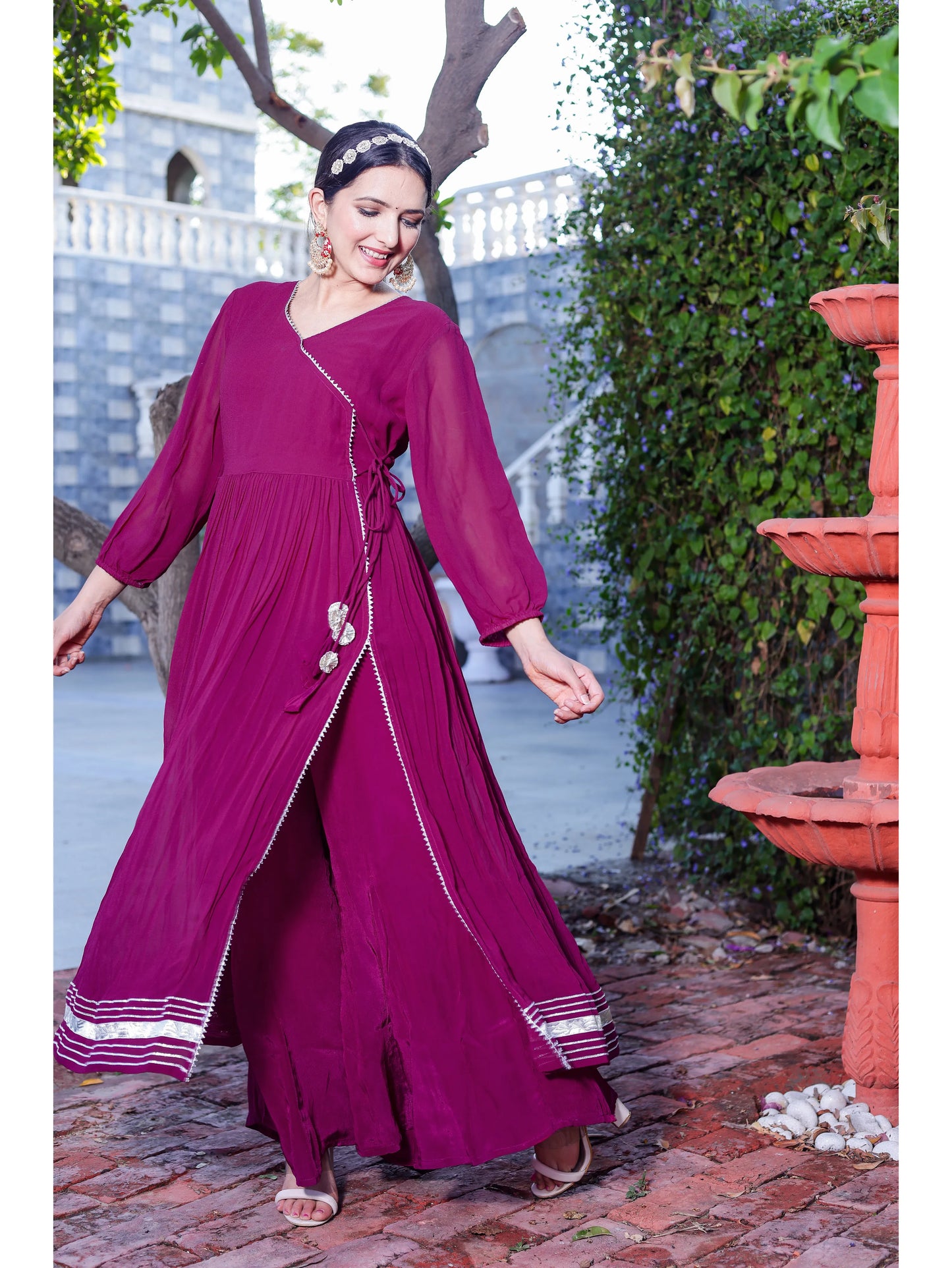 Magenta Angrakha plazo with organza dupatta
