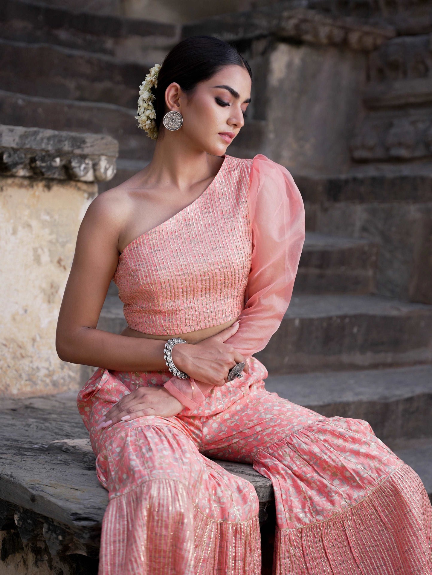 Gharara with organza sleeve crop top