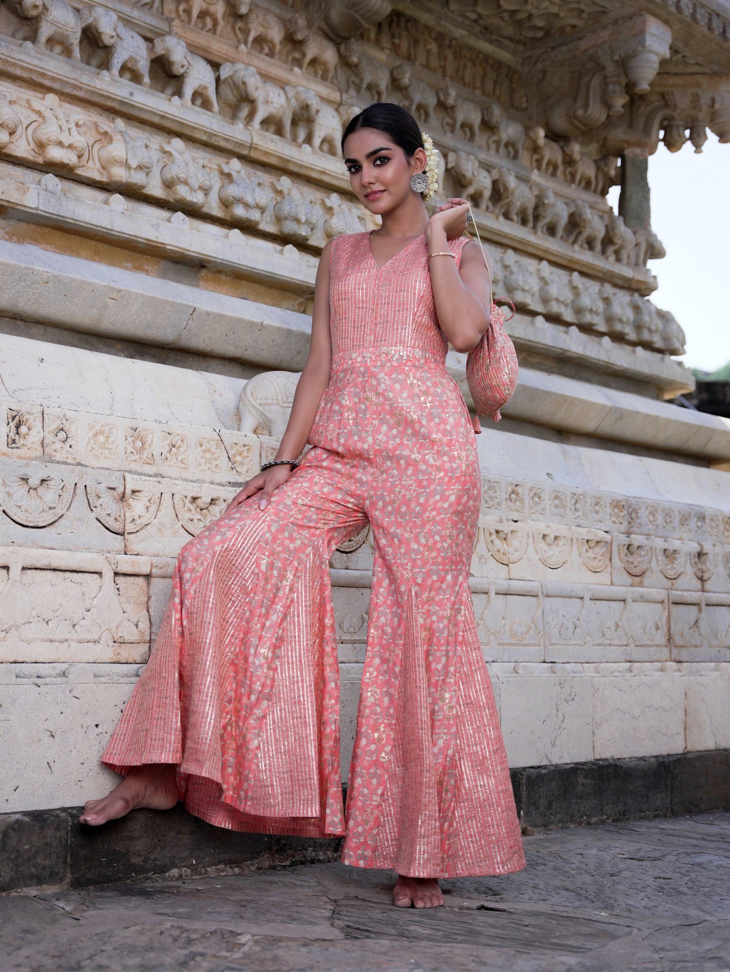 Peach modal chanderi Jumpsuit with Potli bag